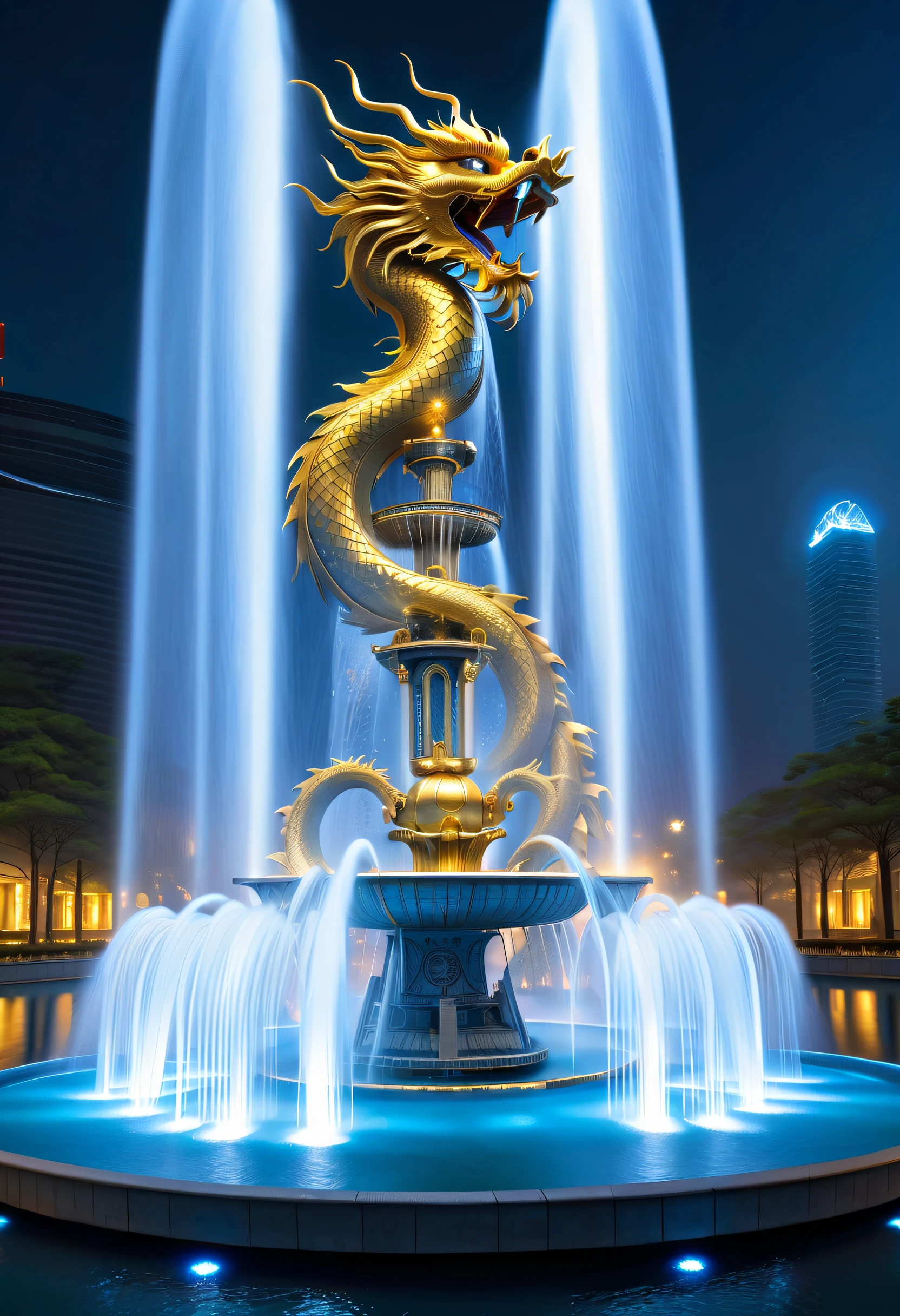 Spectacular futuristic sci-fi night fountain。Fountain erupts from steam engine,sparkling silver water column.There is a Chinese golden dragon spraying water in this water column,Exudes eerie energy,and emits a slight blue light,Make the entire fountain look mysterious and high-tech。 The shape of the water column in the fountain is also very futuristic.