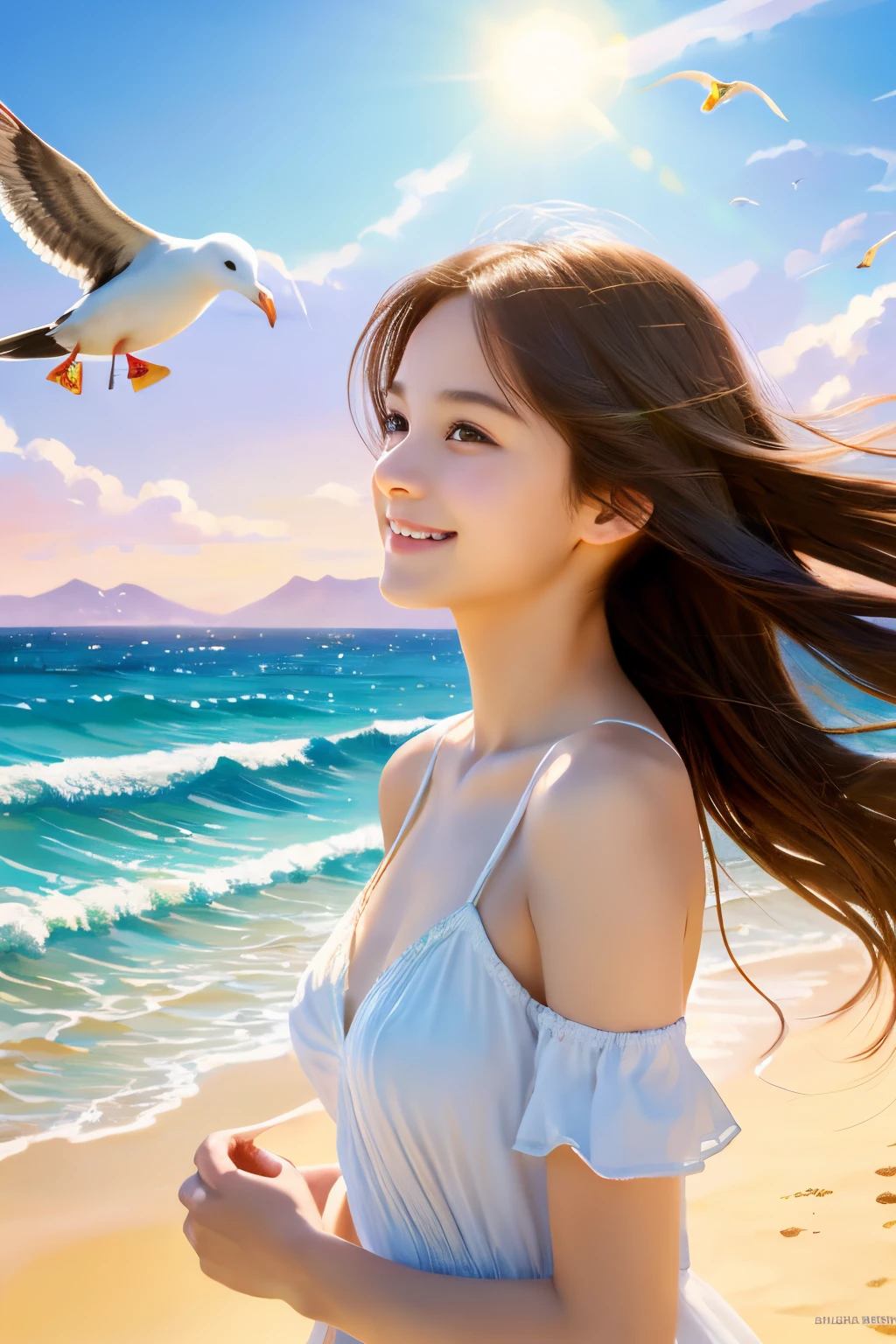 (best quality,4k,8k,highres,masterpiece:1.2),ultra-detailed,(realistic,photorealistic,photo-realistic:1.37),anime style,anime girl,cute,natural beauty,detailed eyes,silky hair,smooth skin,ager,Japanese girl,coast,shimmering waves,sandy beach,sunlit sky,gentle breeze,peaceful atmosphere,serene expression,harmonious colors,fine brushwork,subtle shading,brilliant highlights,soft lighting,graceful pose,innocent smile,sparkling eyes,seagulls flying in the distance,captivating scenery.