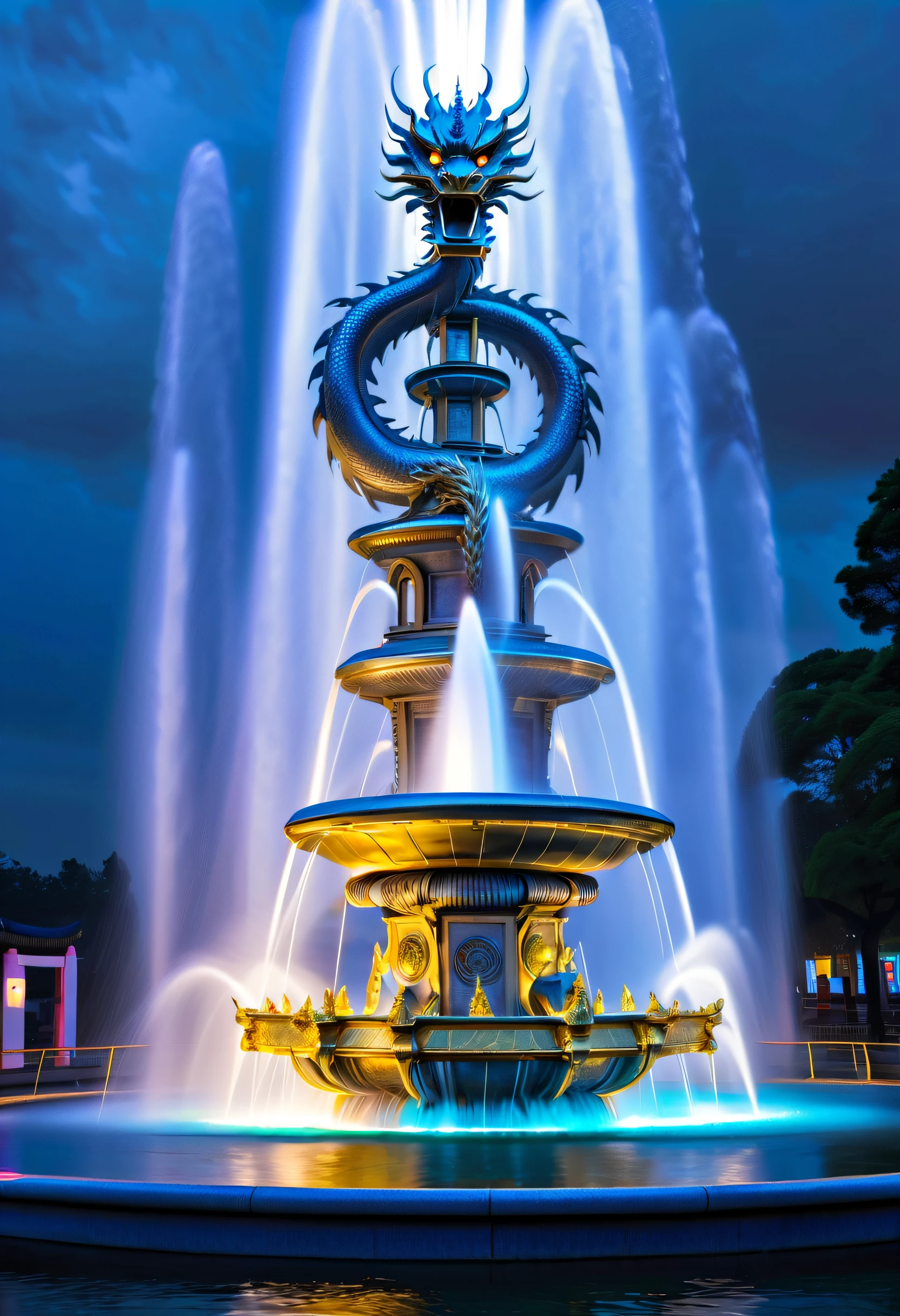 Spectacular futuristic sci-fi night fountain。Fountain erupts from steam engine,sparkling silver water column.There is a Chinese golden dragon spraying water in this water column,Exudes eerie energy,and emits a slight blue light,Make the entire fountain look mysterious and high-tech。 The shape of the water column in the fountain is also very futuristic.