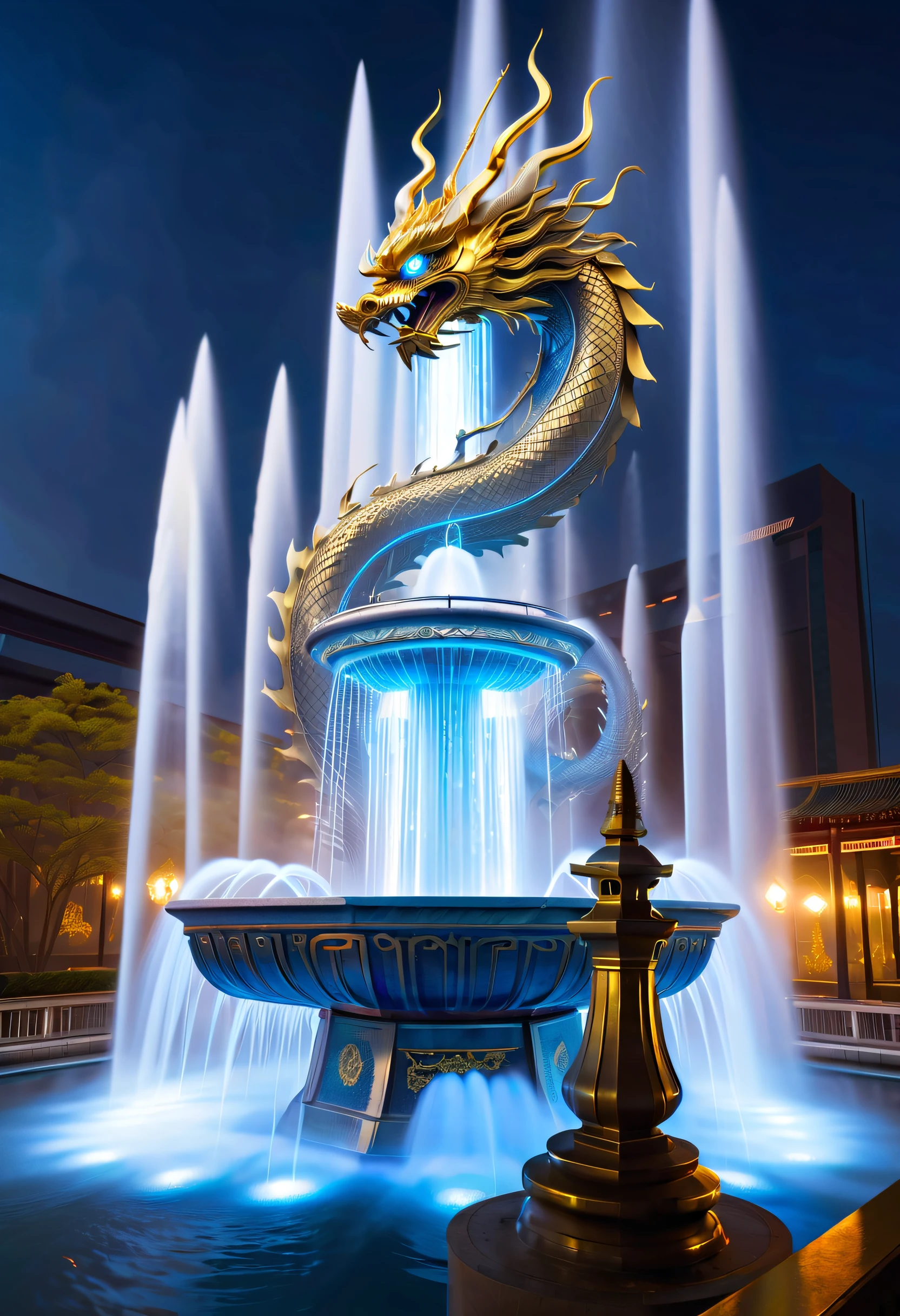 Spectacular futuristic sci-fi night fountain。Fountain erupts from steam engine,sparkling silver water column.There is a Chinese golden dragon spraying water in this water column,Exudes eerie energy,and emits a slight blue light,Make the entire fountain look mysterious and high-tech。 The shape of the water column in the fountain is also very futuristic.