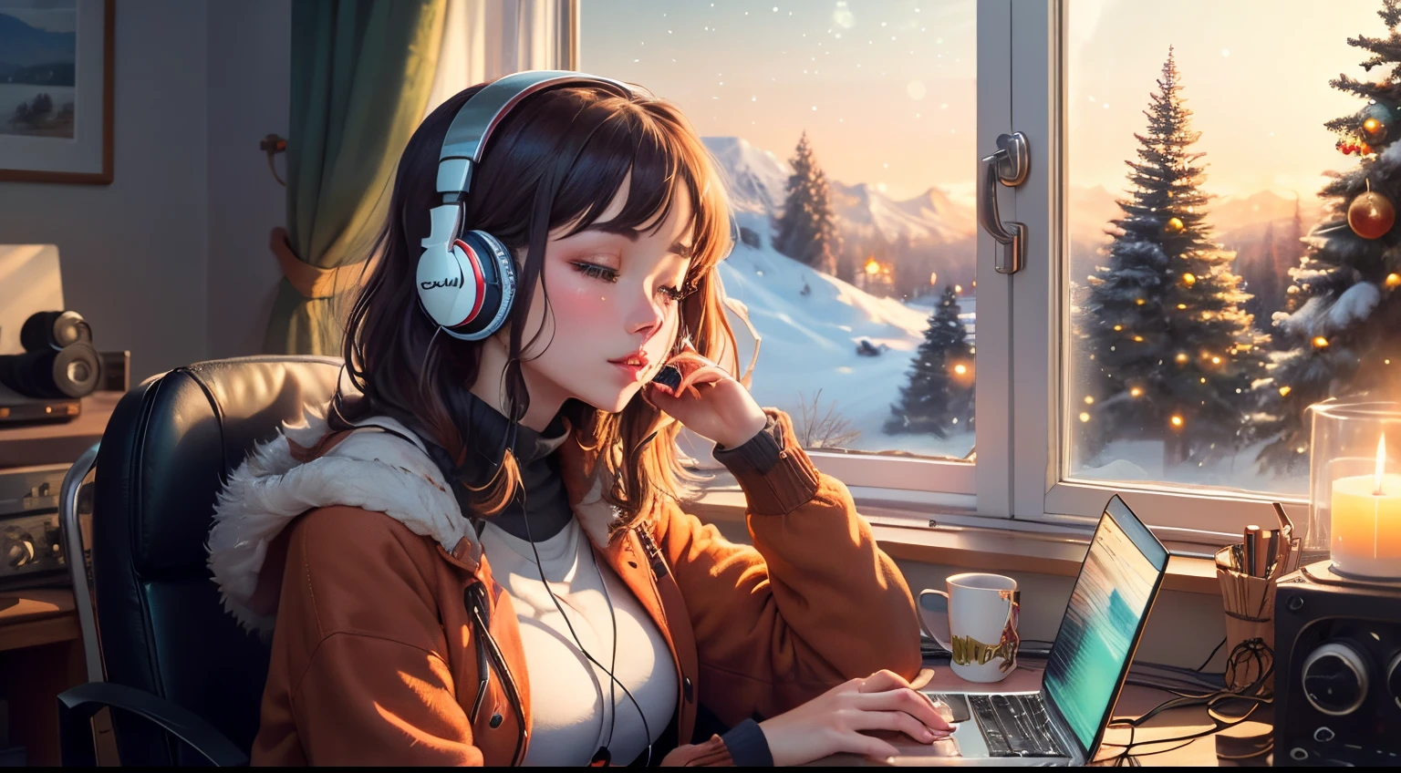 lo-fi girl, wearing headphones, listening to lo fi beats, chilling, relaxing, festive Christmas season, looking through the window, idillic landscape, piecefull nature scenery, cofee, music discs, radio, speakers, , piece, soulfull music, chillhop