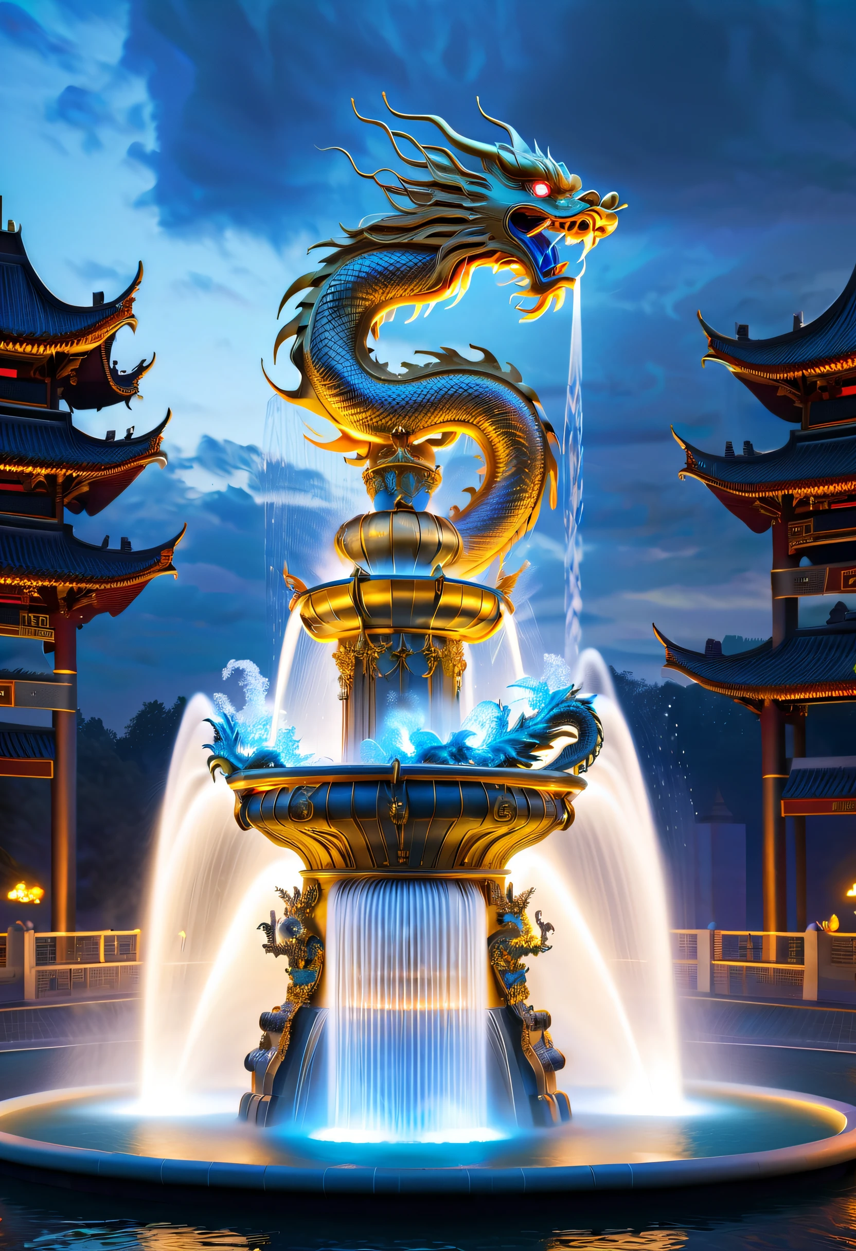Spectacular futuristic sci-fi night fountain。Fountain erupts from steam engine,sparkling silver water column.There is a Chinese golden dragon spraying water in this water column,Exudes eerie energy,and emits a slight blue light,Make the entire fountain look mysterious and high-tech。 The shape of the water column in the fountain is also very futuristic.