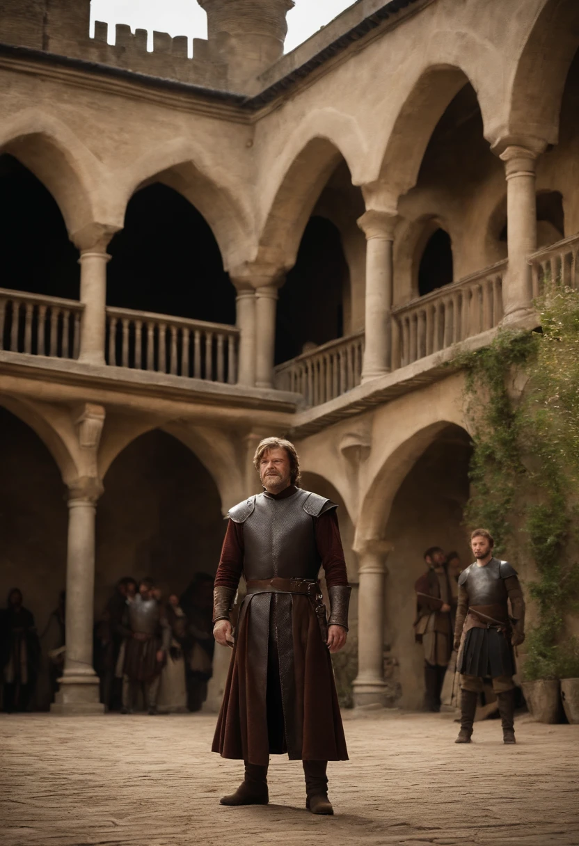 A photo of Ned standing in the castle courtyard, overseeing the training of young squires,Game of Thrones TV series,Ned is an older man with light brown hair streaked with grey, wears plain leather tunics, famously portrayed by Sean Bean