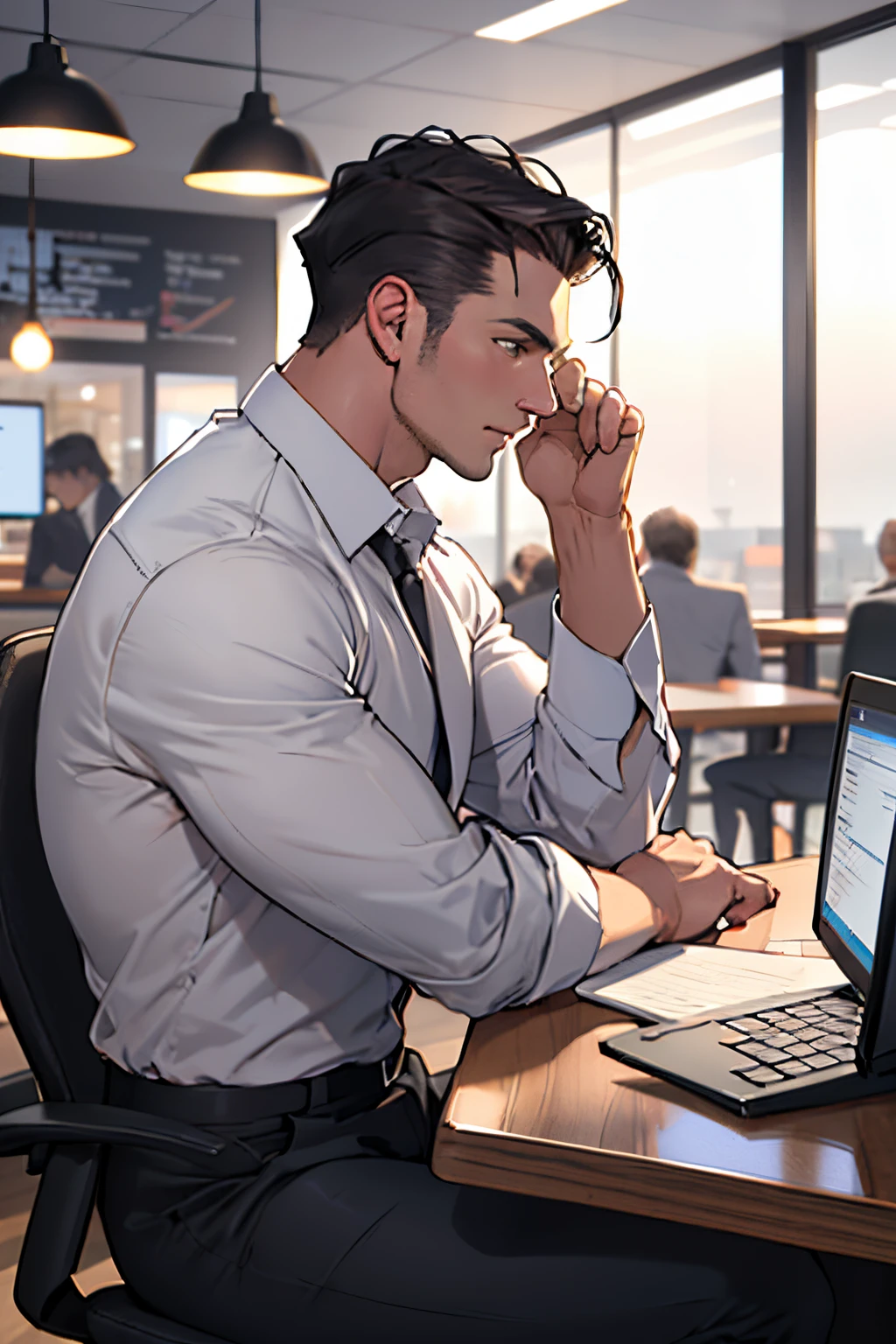 businessman, cafe, office, slicked back hair style, side diagonal view , looking like patrick bateman, computer, sit on chair