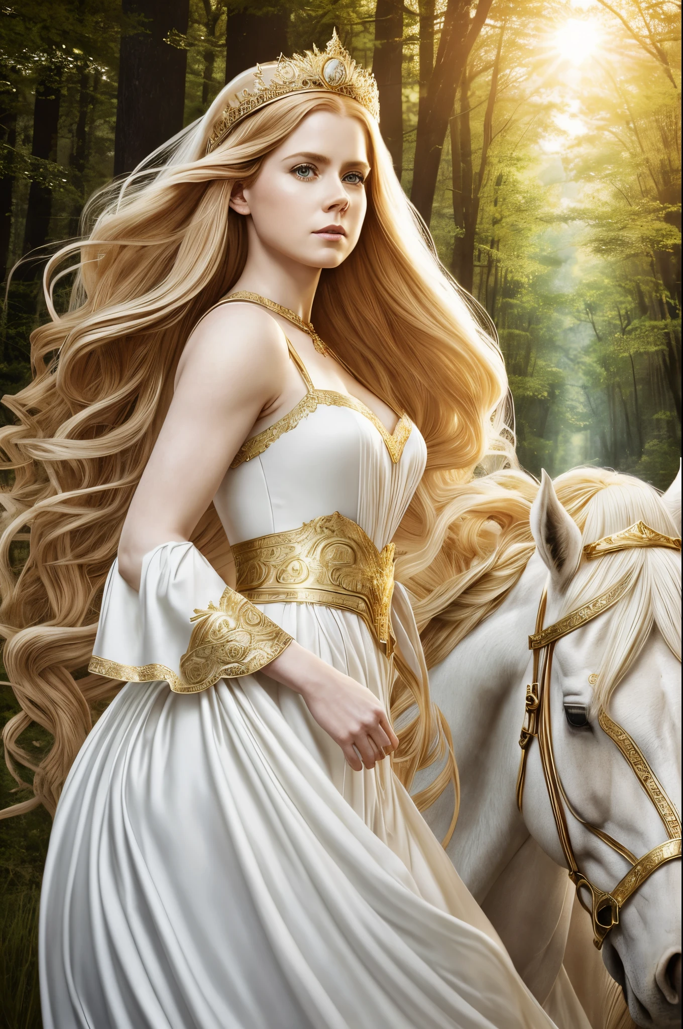 AMY ADAMS, FEMALE ELVE, 20 YEARS OLD , LONG WHITE DRESS, GOLD TIARA, GOLD DETAILS, GOLD GAUNTLETS, HORSE, HUGE LONG HAIR, BLOND HAIR, PALE SKIN, DETAILED ELVE EARS, MITHOLOGY, SUN, RIVER,FORREST, ROMANTISM, MAGIC, POWERS, HIGH DETAILED IMAGE, MASTER PIECE OF ART
