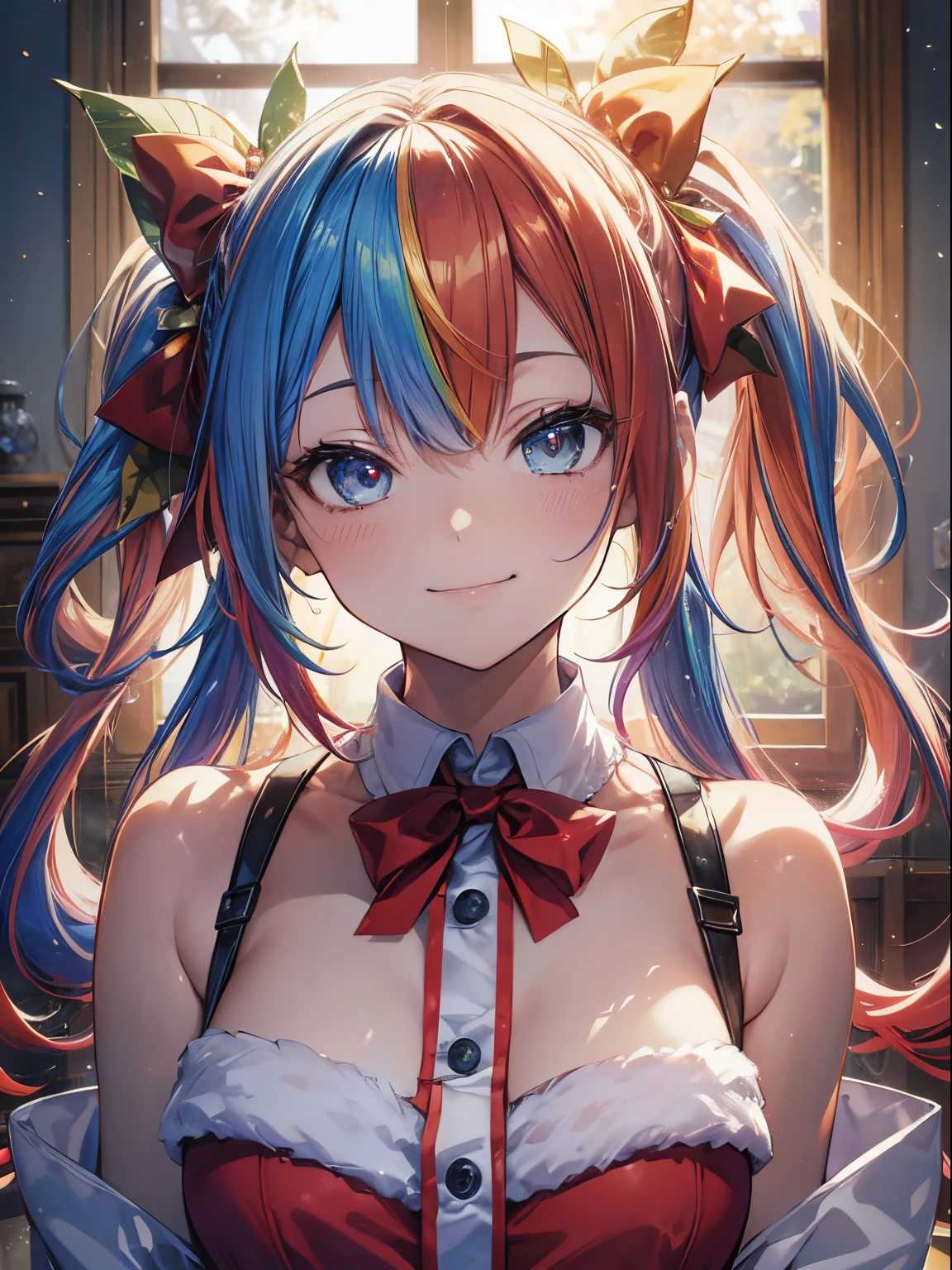 Santa Cosplay、Yuki、Christmas tree、(masutepiece:1.3), (8K, Photorealistic, Raw photo, Best Quality: 1.4), Beautiful face, (Realistic face), Beautiful detailed eyes, (Realistic skin), Attractive, Intricate details,Golden ratio, 1 girl,Naughty smile, (rainbow hair:1.4),((Long twintails,Ribbon 1.4)),Santa Cosplay(Blue Butterfly Hair Ornament 1.3)Dynamic Pose,Dynamic Angle,Intricate details, Hyper realistic、A smile、Smiling、Strong face、the morning sun、Luz Divina、Deities、Heaven、rainbows