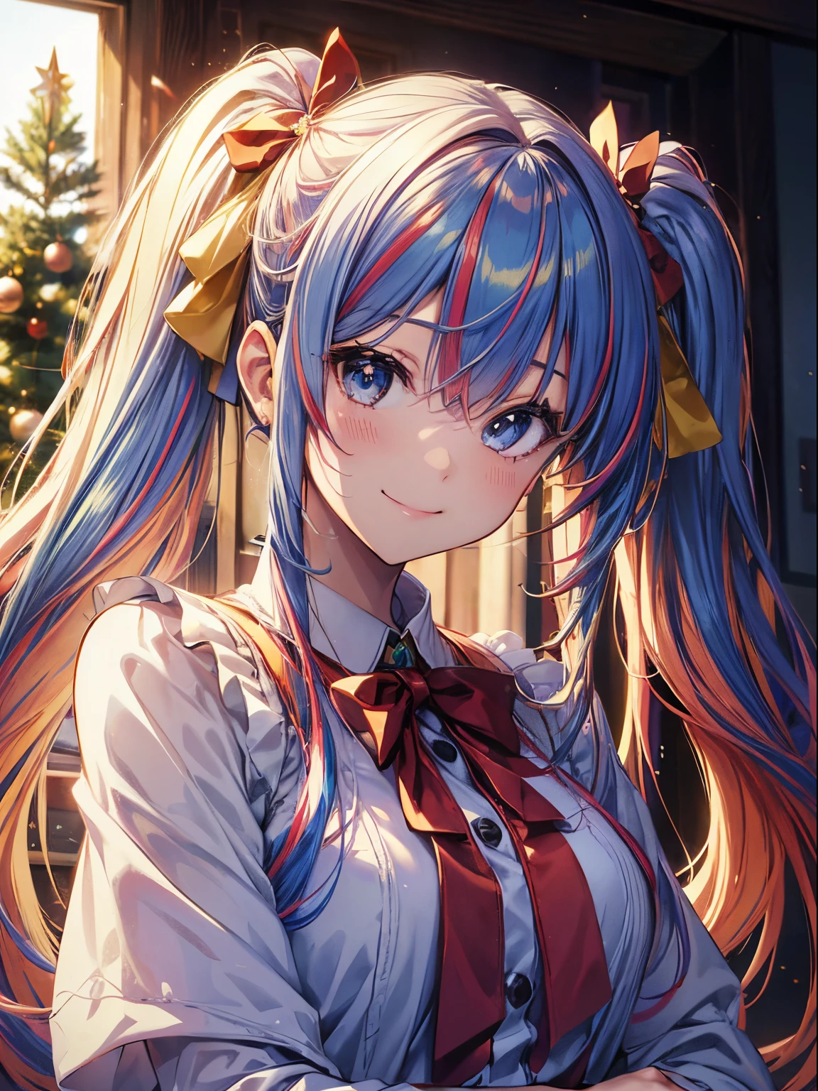 Santa Cosplay、Yuki、Christmas tree、(masutepiece:1.3), (8K, Photorealistic, Raw photo, Best Quality: 1.4), Beautiful face, (Realistic face), Beautiful detailed eyes, (Realistic skin), Attractive, Intricate details,Golden ratio, 1 girl,Naughty smile, (rainbow hair:1.4),((Long twintails,Ribbon 1.4)),Santa Cosplay(Blue Butterfly Hair Ornament 1.3)Dynamic Pose,Dynamic Angle,Intricate details, Hyper realistic、A smile、Smiling、Strong face、the morning sun、Luz Divina、Deities、Heaven、rainbows