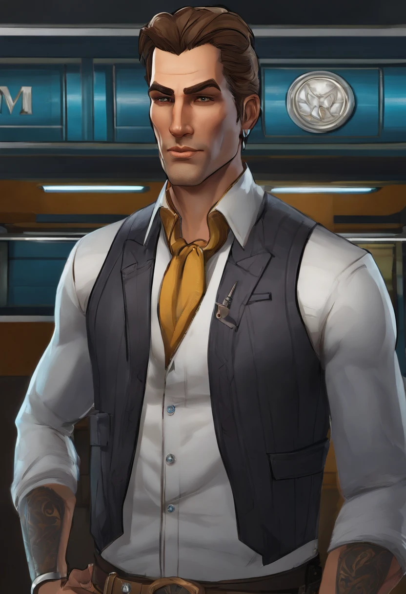 Handsome Jack leaning against a high-tech weapon, smirking with satisfaction,Borderlands 2,Appearance: Handsome Jack from Borderlands
Description: Handsome Jack's appearance is distinctive and memorable, reflecting his larger-than-life personality. Here is a meticulous description of his physical features:
Facial Features:
- Face: Handsome Jack has a well-defined and angular face. His facial structure is sharp, with chiseled cheekbones and a prominent jawline.
- Eyes: His eyes are a piercing blue color, often described as icy or intense. They are framed by well-groomed eyebrows and have a calculating and observant gaze.
- Facial Hair: Handsome Jack is typically seen with a clean-shaven face, emphasizing the sharpness of his facial features.
Hair:
- Style: His hair is styled in a slicked-back manner, appearing well-groomed and meticulously maintained.
- Color: His hair is a striking shade of blonde, often described as a vibrant golden hue. It accentuates his charismatic and confident aura.
Attire:
- Clothing: Handsome Jack is often seen in a sharp and stylish outfit that exudes a sense of authority and sophistication. He favors tailored suits in dark colors such as black or charcoal gray, with intricate patterns or subtle detailing.
- Accessories: He adorns himself with accessories that showcase his wealth and power. This may include a sleek tie, cufflinks, and a high-end wristwatch. He may also wear a signature Hyperion mask, which is a white mask with a sinister grin, symbolizing his role as the CEO of Hyperion Corporation.
Physical Build:
- Height: Handsome Jack is of average to slightly above-average height, standing around 5'11'' to 6'0'' (180-183 cm).
- Physique: He possesses a lean and athletic build. While not exceptionally muscular, his physique suggests a level of physical fitness and agility.
Overall, Handsome Jack's appearance reflects his charismatic and confident nature. His sharp facial features, intense blue eyes, and meticulously styled hair contribute to his striking and memorable presence. Combined with his fashionable attire, he presents himself as a figure of power and authority.
Forehead: Handsome Jack's forehead is smooth and slightly rounded, with no prominent lines or wrinkles. It appears relatively proportionate to the rest of his face.
Eyebrows: He has well-defined eyebrows that are groomed and neatly shaped. They are medium in thickness and arched, adding to his expressive and intense gaze. The color of his eyebrows matches his hair color, a vibrant shade of blonde.
Eyes: Handsome Jack's eyes are one of his most striking features. They are a piercing, vibrant blue color, often described as icy or intense. His eyes have a sharp, calculating gaze that can be both captivating and unnerving. The irises stand out prominently against the white of his eyes.
Nose: He has a straight and well-defined nose that complements the angular and sharp features of his face. It is neither too small nor too large, appearing proportionate with the rest of his facial structure. The bridge of his nose is straight, leading to a slightly rounded tip.
Cheekbones: Handsome Jack possesses prominent and defined cheekbones that add a sense of structure and angularity to his face. They are high and well-sculpted, giving his face a distinct and commanding appearance.
Jawline: His jawline is strong and chiseled, adding to his overall rugged and authoritative look. It is well-defined, with a squared-off shape that accentuates the masculinity of his face. The jawline connects seamlessly with his neck.
Lips: Handsome Jack has medium-sized lips that are usually seen in a neutral or slightly smirking expression. They are neither too thin nor too full, striking a balance between refinement and confidence.
Chin: His chin is well-defined and slightly pointed, adding to the sharpness and angularity of his facial structure. It complements his overall handsome and charismatic appearance.
Skin: Handsome Jack's skin appears smooth and well-maintained. It has a fair complexion, often described as having a healthy glow.
His face is adorned by a mask that was grafted directly according to his previous face. He wears it because his normal face was branded with the Vault Symbol when the first Vault was opened in Pandora.
