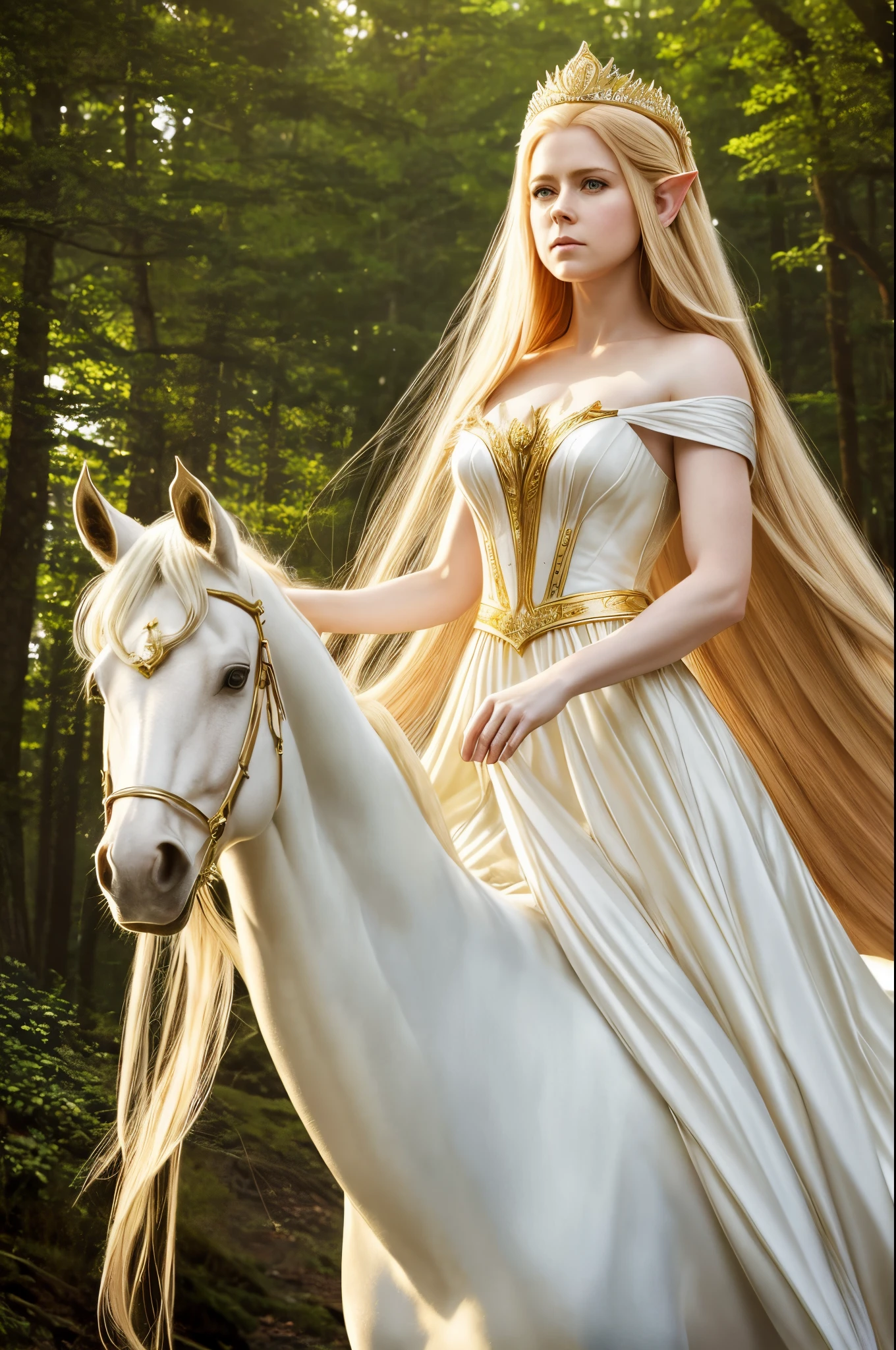 AMY ADAMS, FEMALE ELVE, 20 YEARS OLD , LONG WHITE DRESS, GOLD TIARA, GOLD DETAILS, GOLD GAUNTLETS, HORSE, HUGE LONG HAIR, BLOND HAIR, PALE SKIN, ELVE EARS, MITHOLOGY, SUN, RIVER,FORREST, ROMANTISM, MAGIC, POWERS, HIGH DETAILED IMAGE, MASTER PIECE OF ART