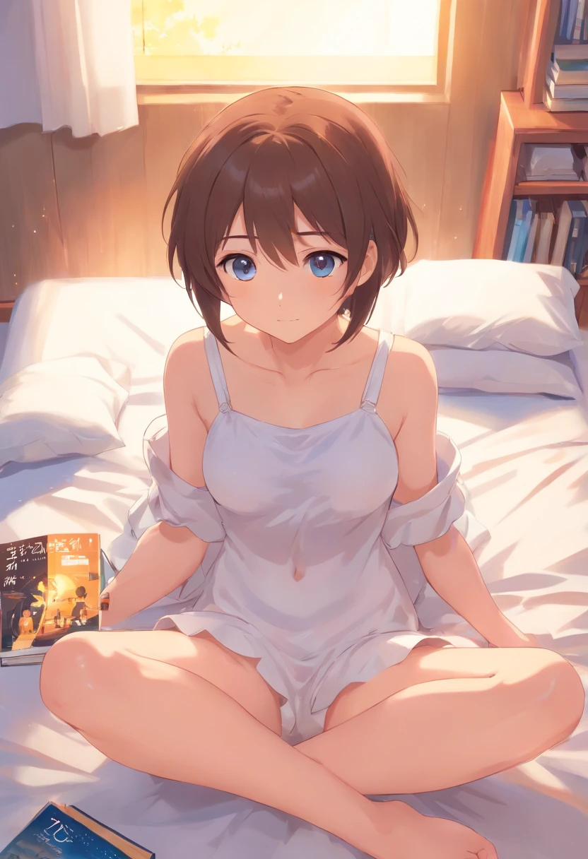 a cute li，Barefoot，Tummy down，Look up at your head，raise her legs，shift dresses，white  panties，largeeyes，Cute faces in anime，looking at book，Wet、Breasts are big、a bed、Spread your crotch、Did you glare　Naked and