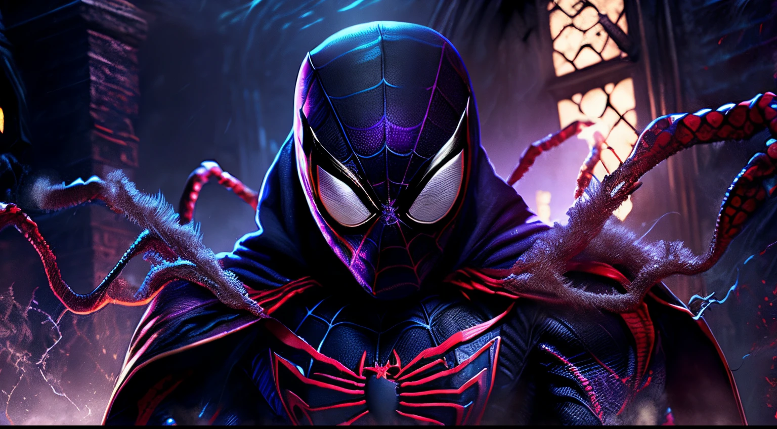 Close-up ( Spiderman venom wearing a witch costume from Marvel in Goth style: 1.3) emerging from the witches castle, extremely detailed, smoke, sparks, metal shavings, flying debris, volumetric light