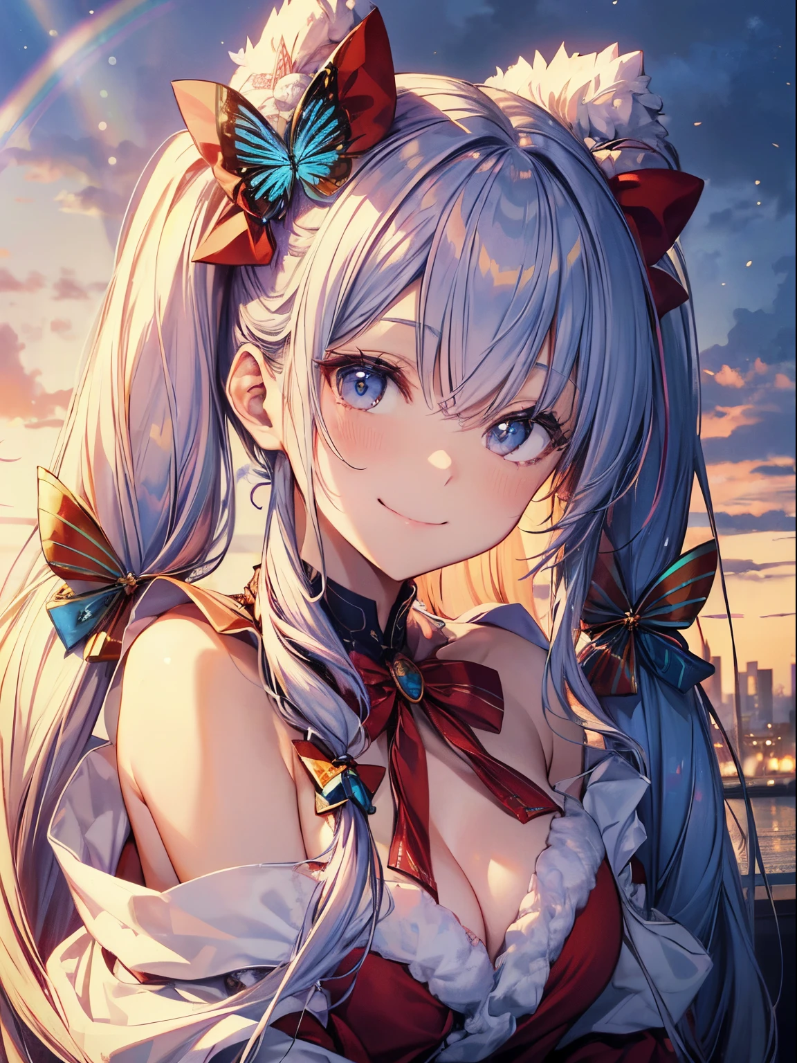 Santa Cosplay、Yuki、Christmas tree、(masutepiece:1.3), (8K, Photorealistic, Raw photo, Best Quality: 1.4), Beautiful face, (Realistic face), Beautiful detailed eyes, (Realistic skin), Attractive, Intricate details,Golden ratio, 1 girl,Naughty smile, (rainbow hair:1.4),((Long twintails,Ribbon 1.4)),Santa Cosplay(Blue Butterfly Hair Ornament 1.3)Dynamic Pose,Dynamic Angle,Intricate details, Hyper realistic、A smile、Smiling、Strong face、the morning sun、Luz Divina、Deities、Heaven、rainbows