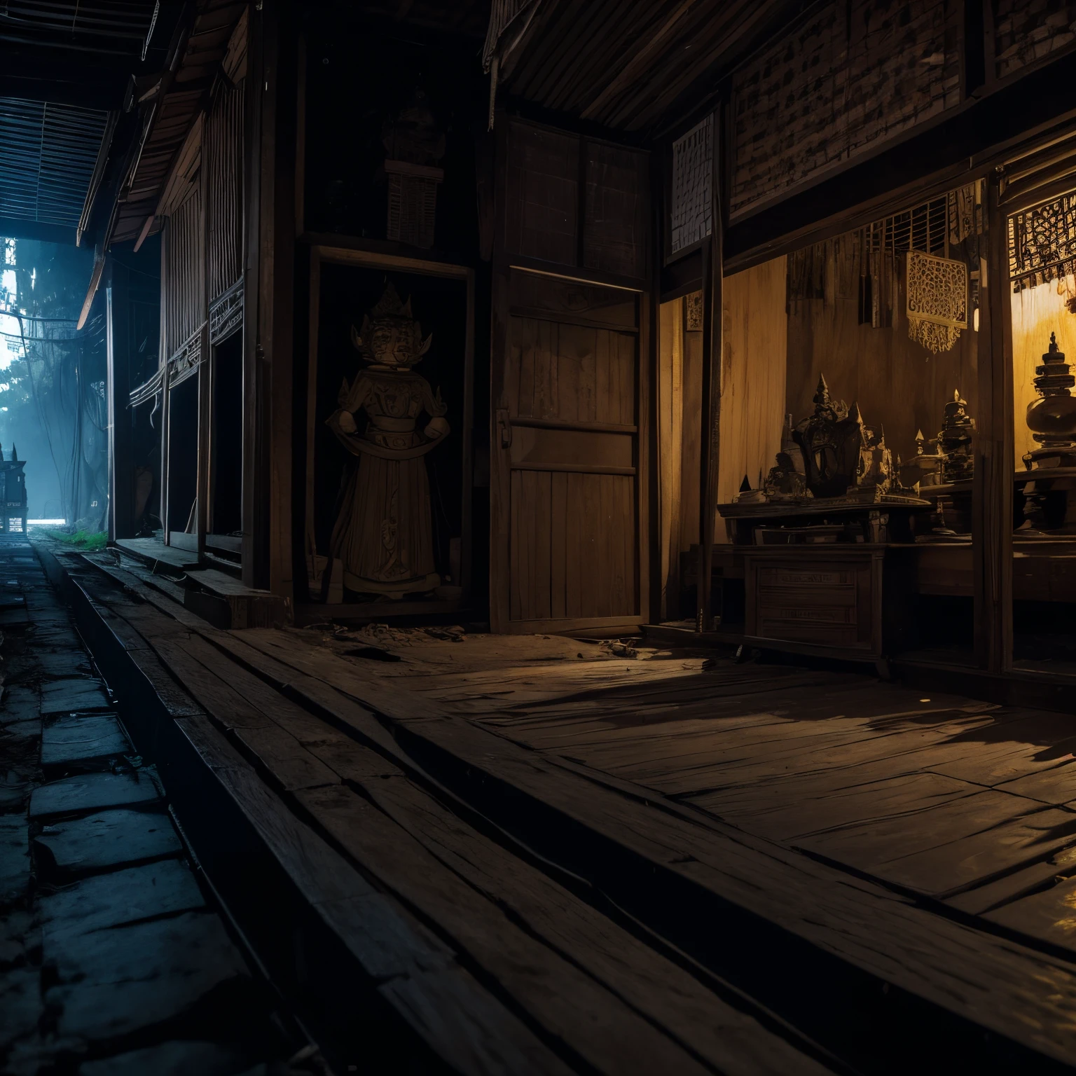a haunting scene of a Thai urban house, looking from a long winding road with lots of mysterious Thai myths artifacts and beliefs
