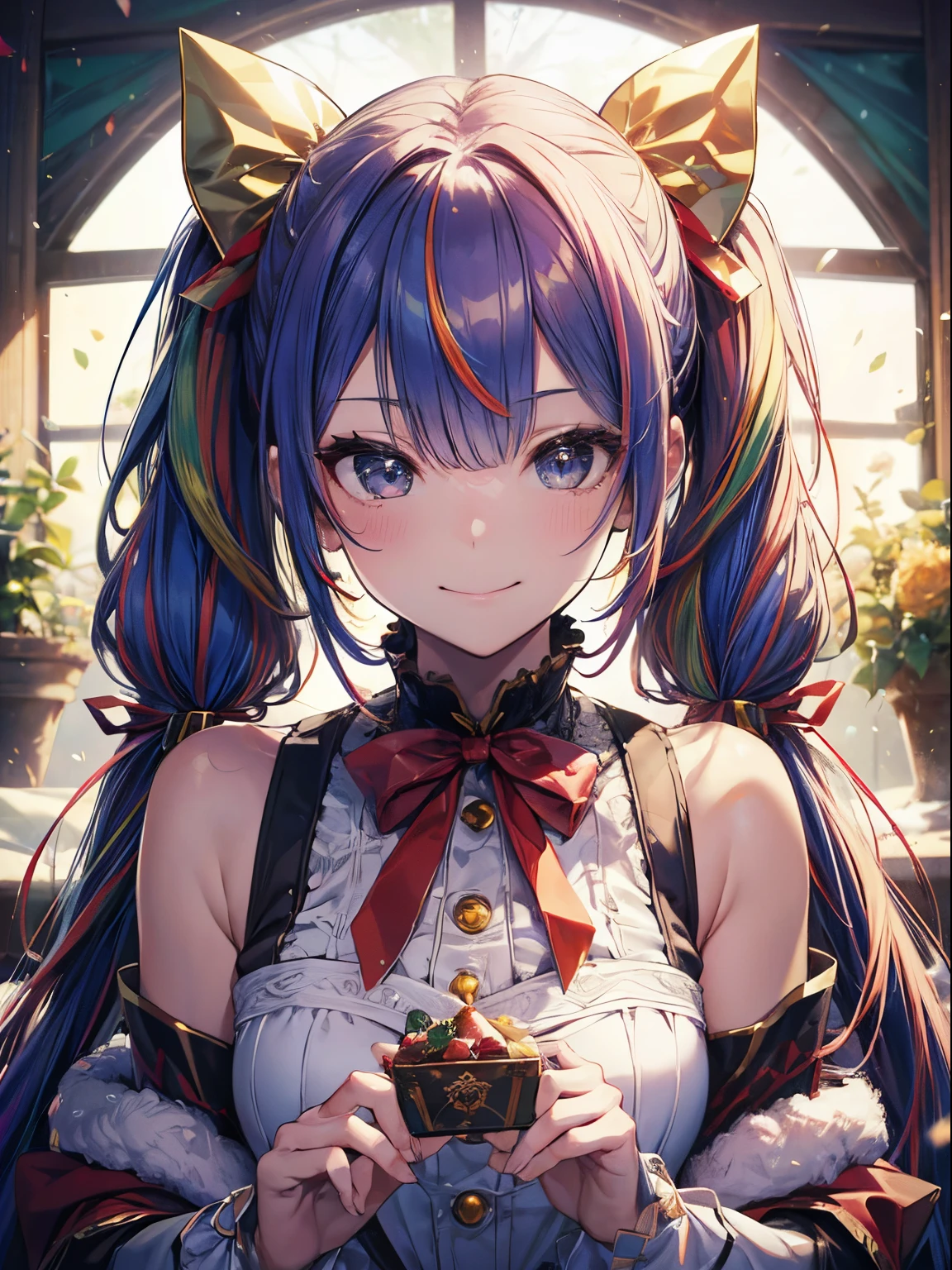 Santa Cosplay、Yuki、Christmas tree、(masutepiece:1.3), (8K, Photorealistic, Raw photo, Best Quality: 1.4), Beautiful face, (Realistic face), Beautiful detailed eyes, (Realistic skin), Attractive, Intricate details,Golden ratio, 1 girl,Naughty smile, (rainbow hair:1.4),((Long twintails,Ribbon 1.4)),Santa Cosplay(Blue Butterfly Hair Ornament 1.3)Dynamic Pose,Dynamic Angle,Intricate details, Hyper realistic、A smile、Smiling、Strong face、the morning sun、Luz Divina、Deities、Heaven、rainbows