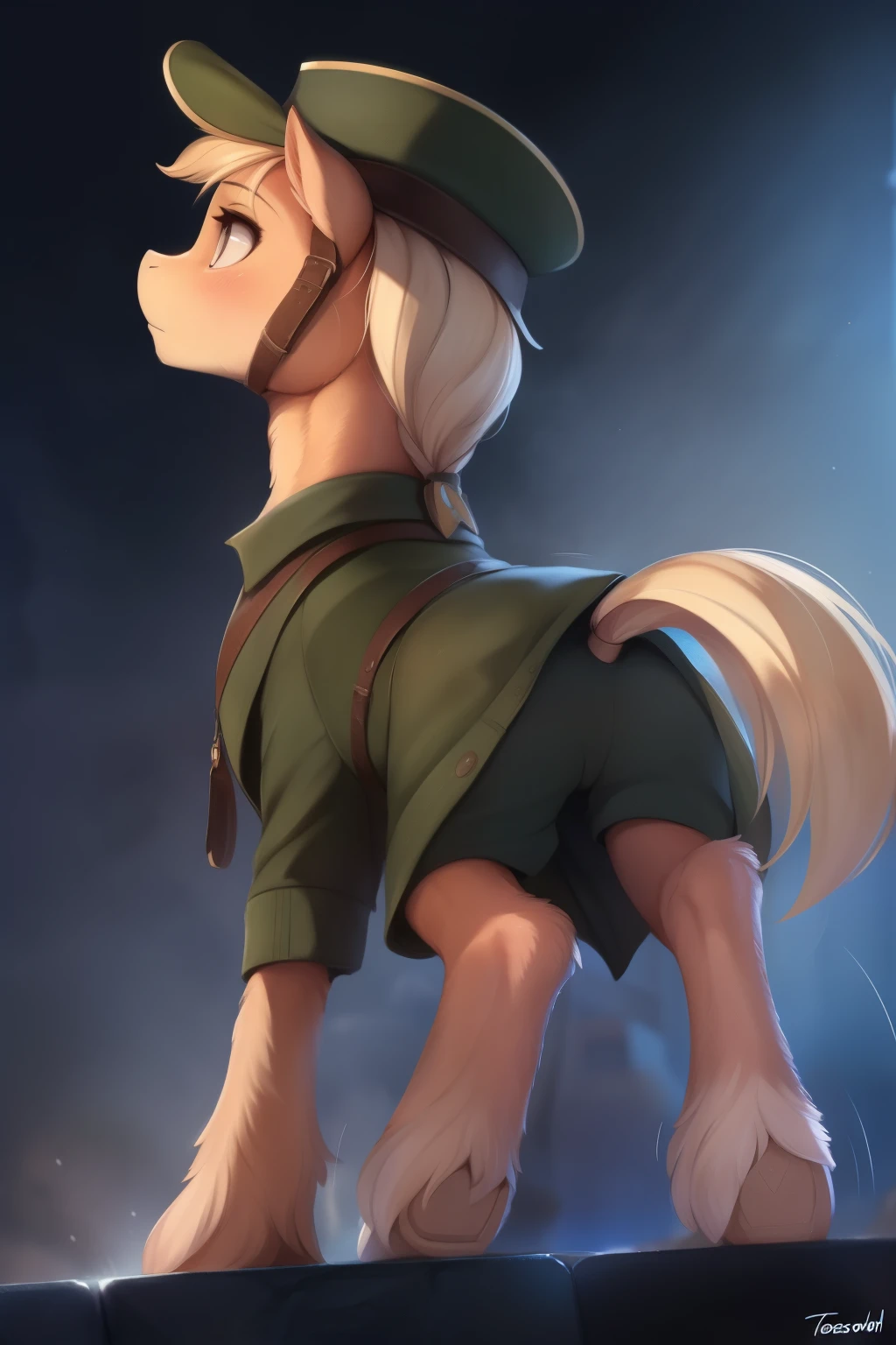 by totesfleisch8, (by thebigslick, by silverfox5213:0.8), clothes, military overcoat, cloak, military coat, straight coat, ((mackinaw)), dynamic pose, Intense, heavy gaze, looking into the distance, ((looking back)), (motion lines:1.4), a dutch angle shot, (Four-legged feral:1.4), My little pony, (full-length portrait), Detailed, Masterpiece, (cartoony), (Best Quality), (Symmetrical)++, anatomically correct, (Digital Painting, soft shading), (Digital Painting, soft shading), Pure detailed art, wild, horse leg, horse hips, (Horse Chest, Pony Chest)), Author: Dagasi|Ansesra:0.5], (Author: Foxovh|Author: Personalami), (by Einshelm|Volume_Fischbach)], (best illustrations), (( perfect anime illustration)), [background; ((gray background)), gradient background, muted colors], back pose, back - shot, backshotlong, shot from the back,