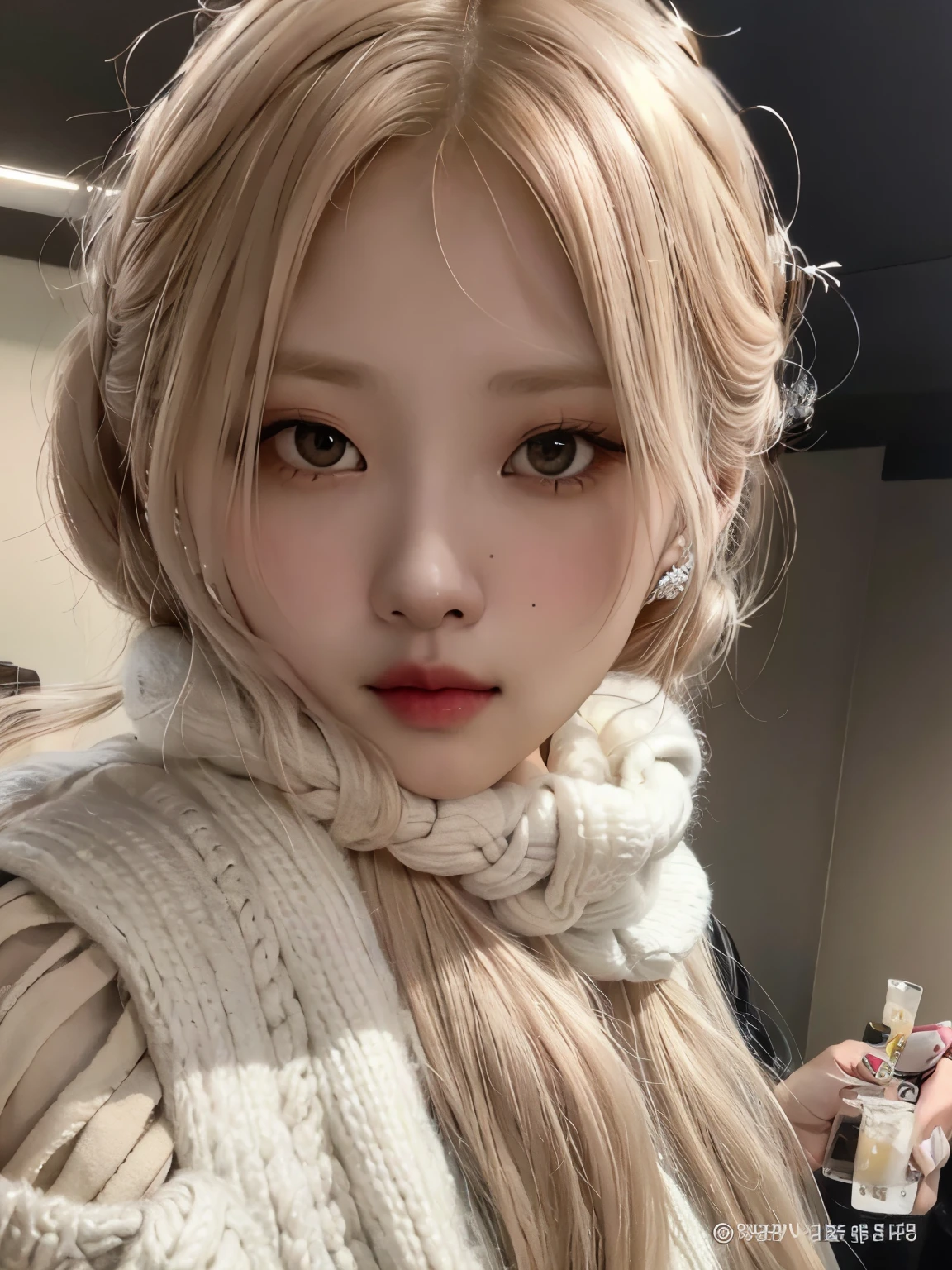 A closeup of a woman with long blond hair wearing a white sweater, Ulzzang, menina coreana, Modelo IG | Artgerm, Parque Roseanne do Blackpink, wan adorable korean face, beautiful aesthetic face, Mulher sul-coreana bonita, Lalisa Manobal, young adorable korean face, linda mulher coreana jovem, Fotografia selfie 8k, maquiagem sul-coreana popular