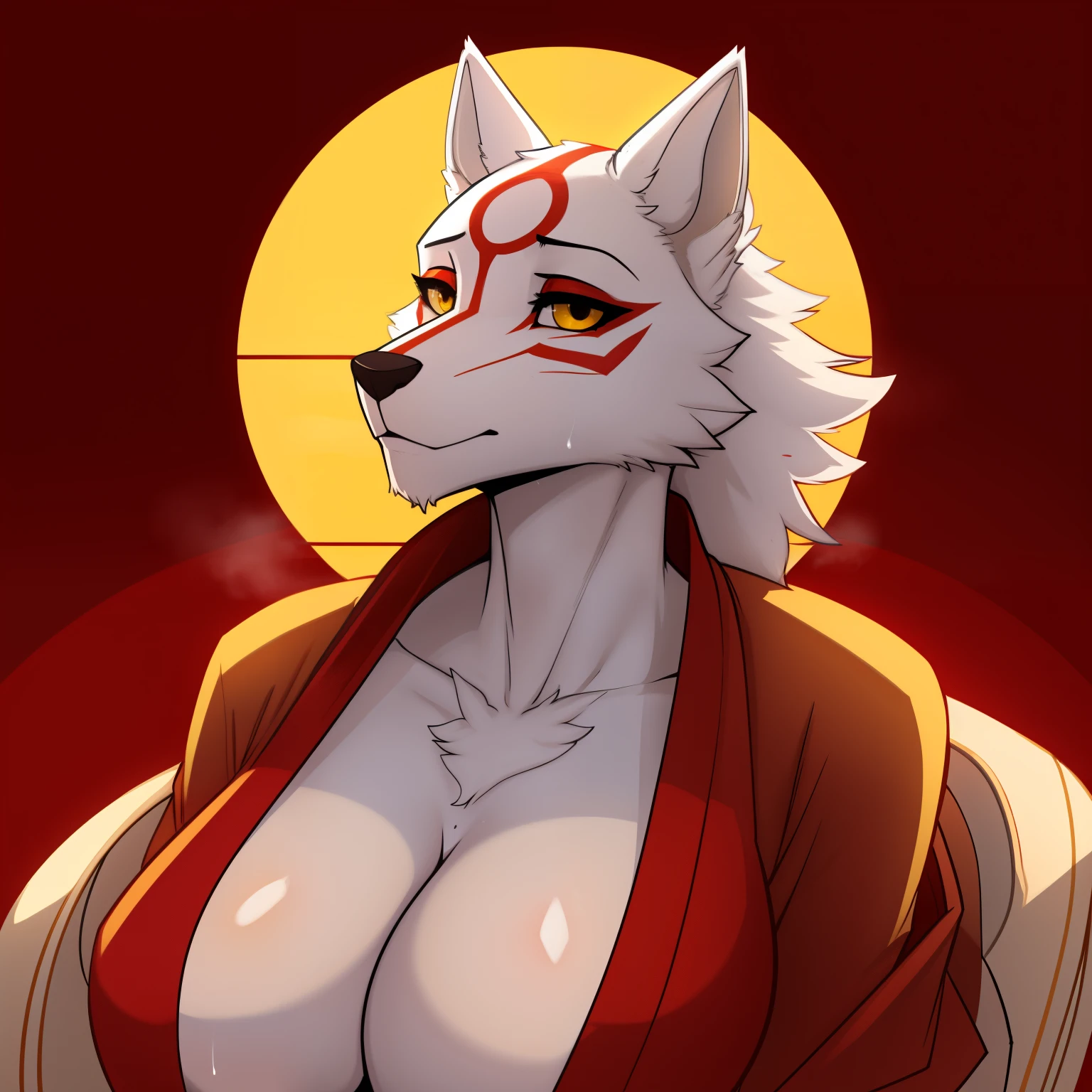 Tall_lanky_mature_wolf female full_breasts white_furry_body yellow_eyes very_fluffy misty_breath sweating blushing japanese_robes solo Masterpiece best_quality absurdres highly_detailed cleanly_drawn_eyes anthro_only by_claweddrip, by_greasymojo, by_underscore-b, by_runawaystride Amaterasu