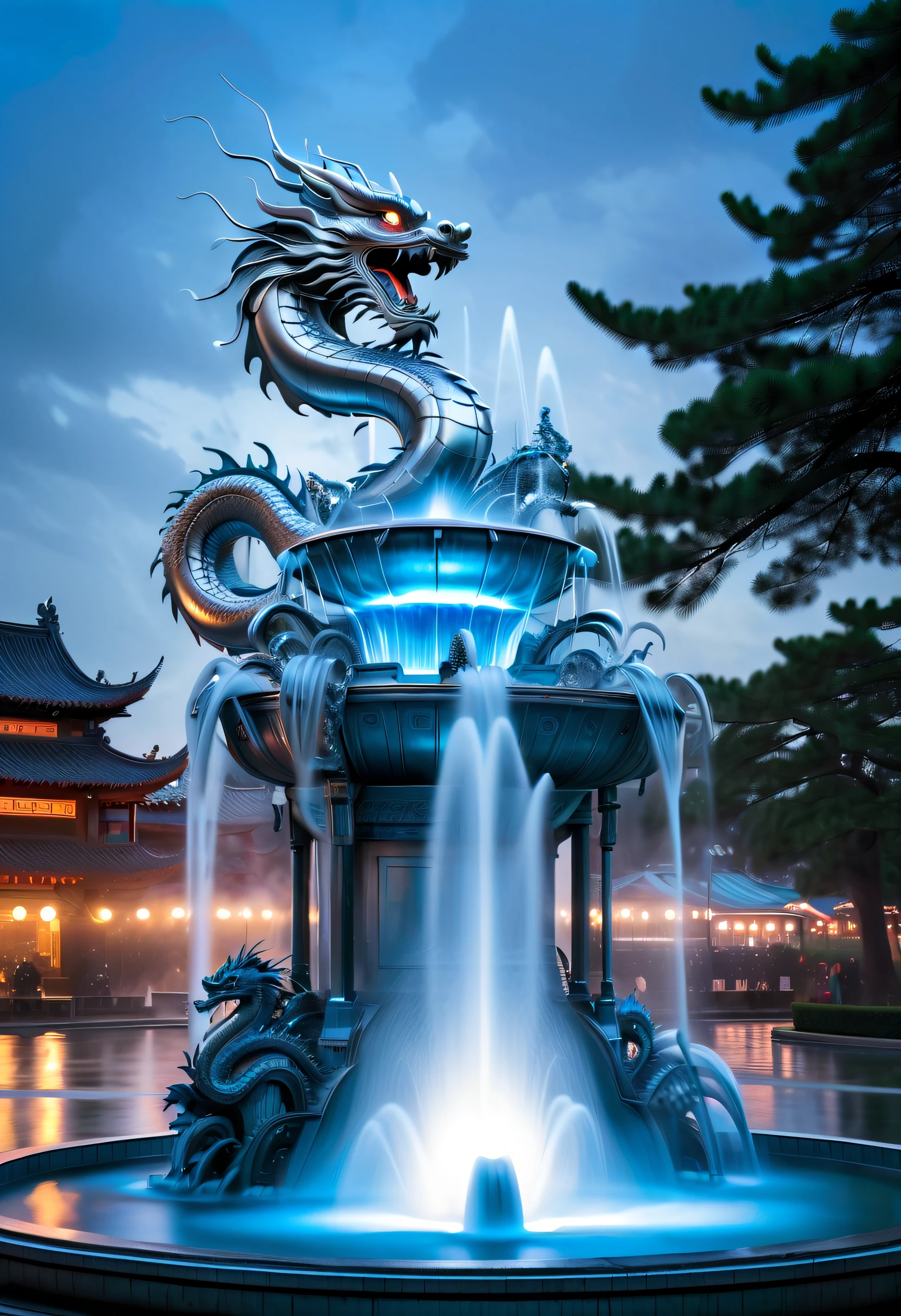 Spectacular futuristic sci-fi fountain。Fountain erupts from steam engine，sparkling silver water column.There is a Chinese dragon flying in this water column，The silver dragon spits out strange energy，and emits a slight blue light，Make the entire fountain look mysterious and high-tech。 The shape of the water column in the fountain is also very futuristic..