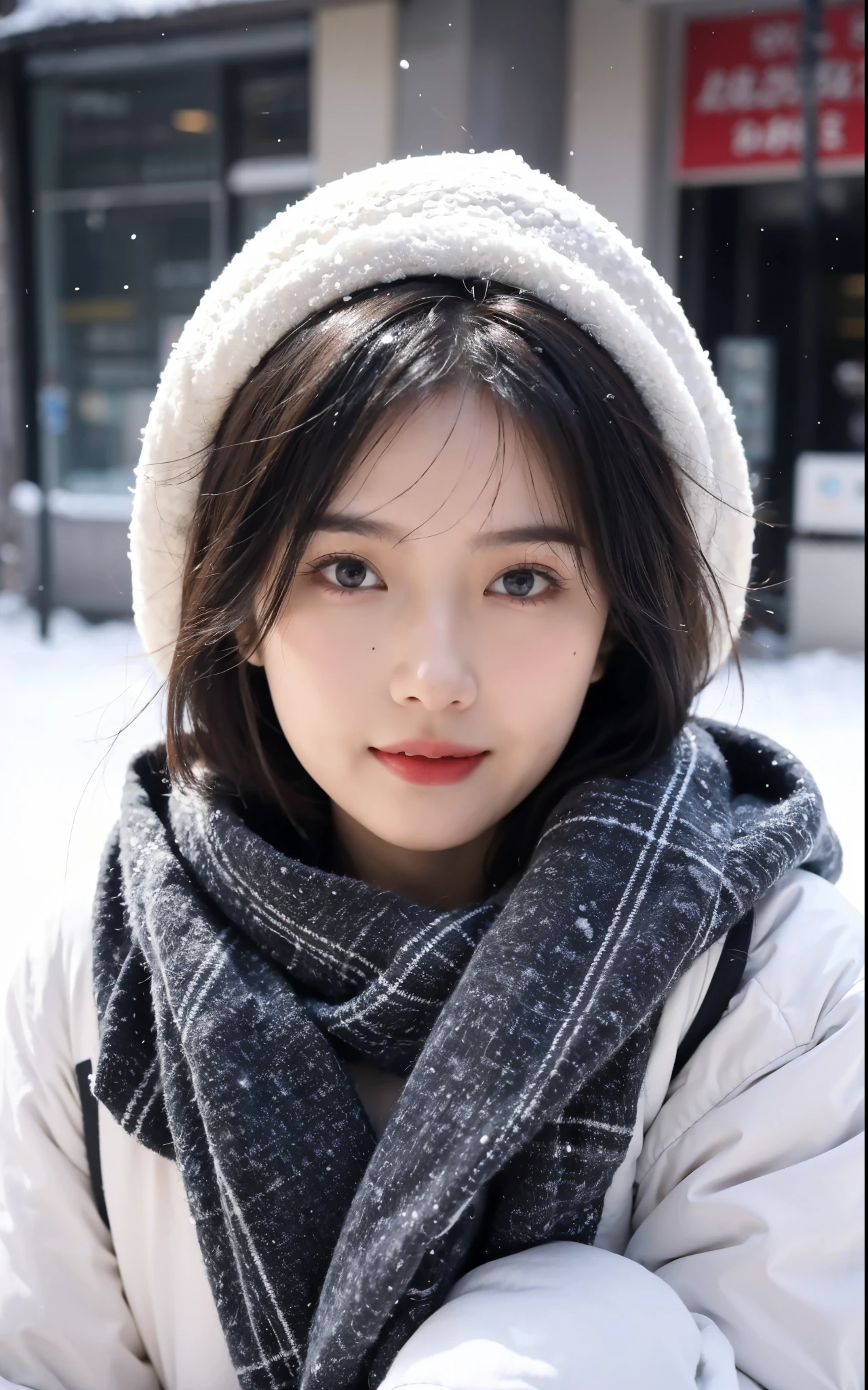 White skin of the, 1 girl,close your mouth and smile,Winters,23-year-old girl,high high quality,looking at the camera in,face to the viewer,snowy days,(Short hair details:1.5),(with a round face:1.5)