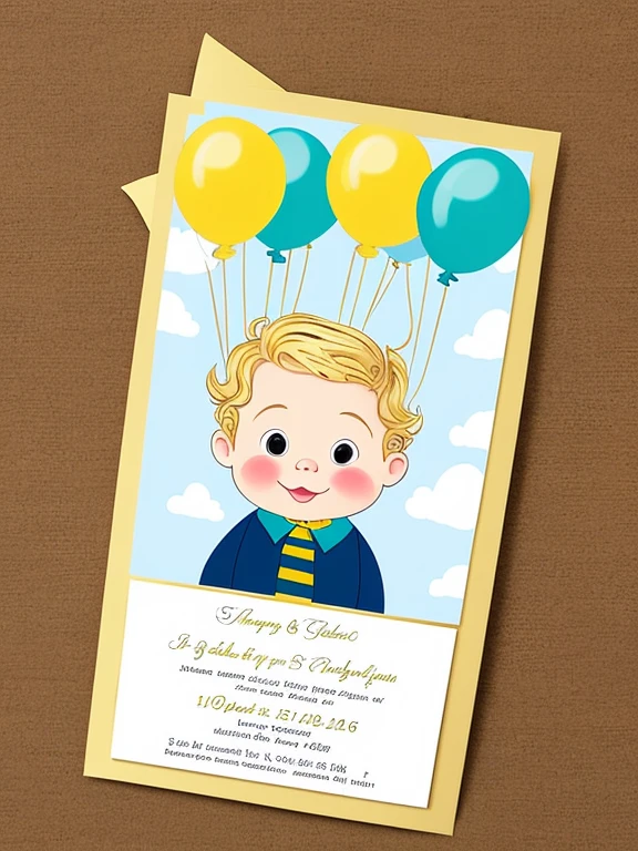 Invitation card for a baptism, decorated with gold and white balloons and streamers and the invitation card with a caricature of a cartoon baby with white skin and golden hair and curly hair