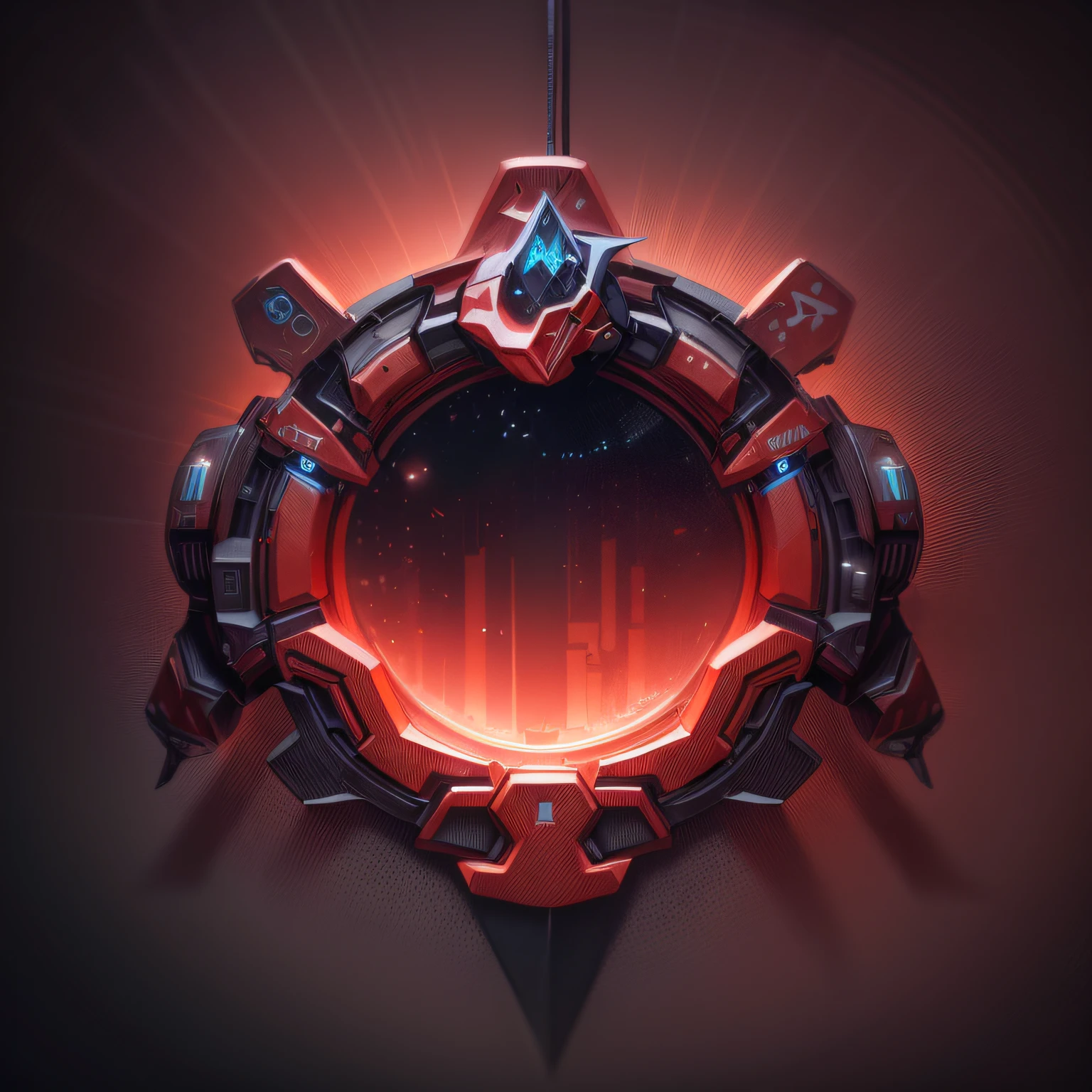 fan art, vibrant fan art, reator do arco vermelho, renderizado em keyshot, design do escudo vermelho, Arte conceitual de um reator a arco vermelho, Cyberpunk, emblema do escudo de cor vermelho.