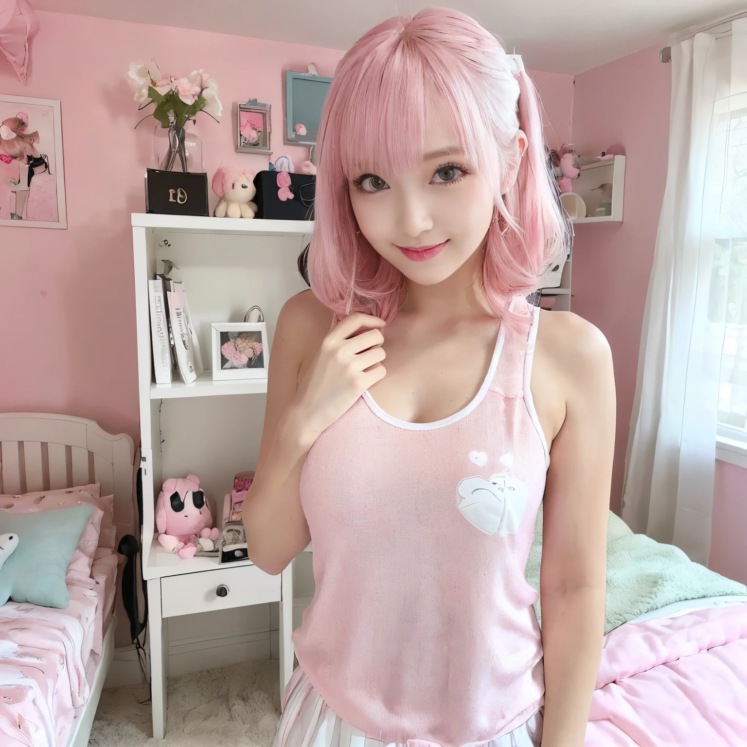 ((top-quality、masutepiece、8K、Top image quality))、(1 photo:1.5)、Highly saturated、vivid、Very bright、1 schoolgirl、(Cute loungewear:1.2)、(Photographing the upper body of a woman standing in a room:1.5)、(Upper body photo:1.5)、The happiest smile、View me、waved hair、The background is a cute girl&#39;s room、(some pink hair:1.2)、(A detailed reproduction of a cute girl&#39;s room based on pink and white.:1.5)、(A room with a sense of openness:1.3)、clean and comfortable、stylish curtains、Fur carpet、1 houseplant、Cute bed、1 cute stuffed animal、A clean desk and one office chair、lipsticks、Emphasize body lines、large full breasts、(accurate anatomy:1.3)、(perfect hair:1.2)