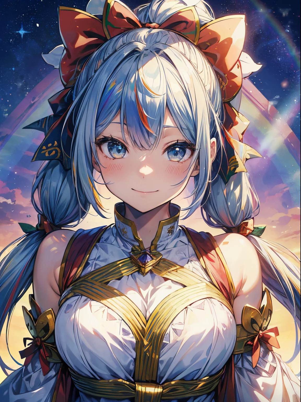 Santa Cosplay、Yuki、Christmas tree、(masutepiece:1.3), (8K, Photorealistic, Raw photo, Best Quality: 1.4), Beautiful face, (Realistic face), Beautiful detailed eyes, (Realistic skin), Attractive, Intricate details,Golden ratio,  1 girl,Naughty smile, (rainbow hair:1.4),((Long twintails,Ribbon 1.4)),Santa Cosplay(Blue Butterfly Hair Ornament 1.3)Dynamic Pose,Dynamic Angle,Intricate details, Hyper realistic、A smile、Smiling、Strong face、the morning sun、Luz Divina、Deities、Heaven、rainbows