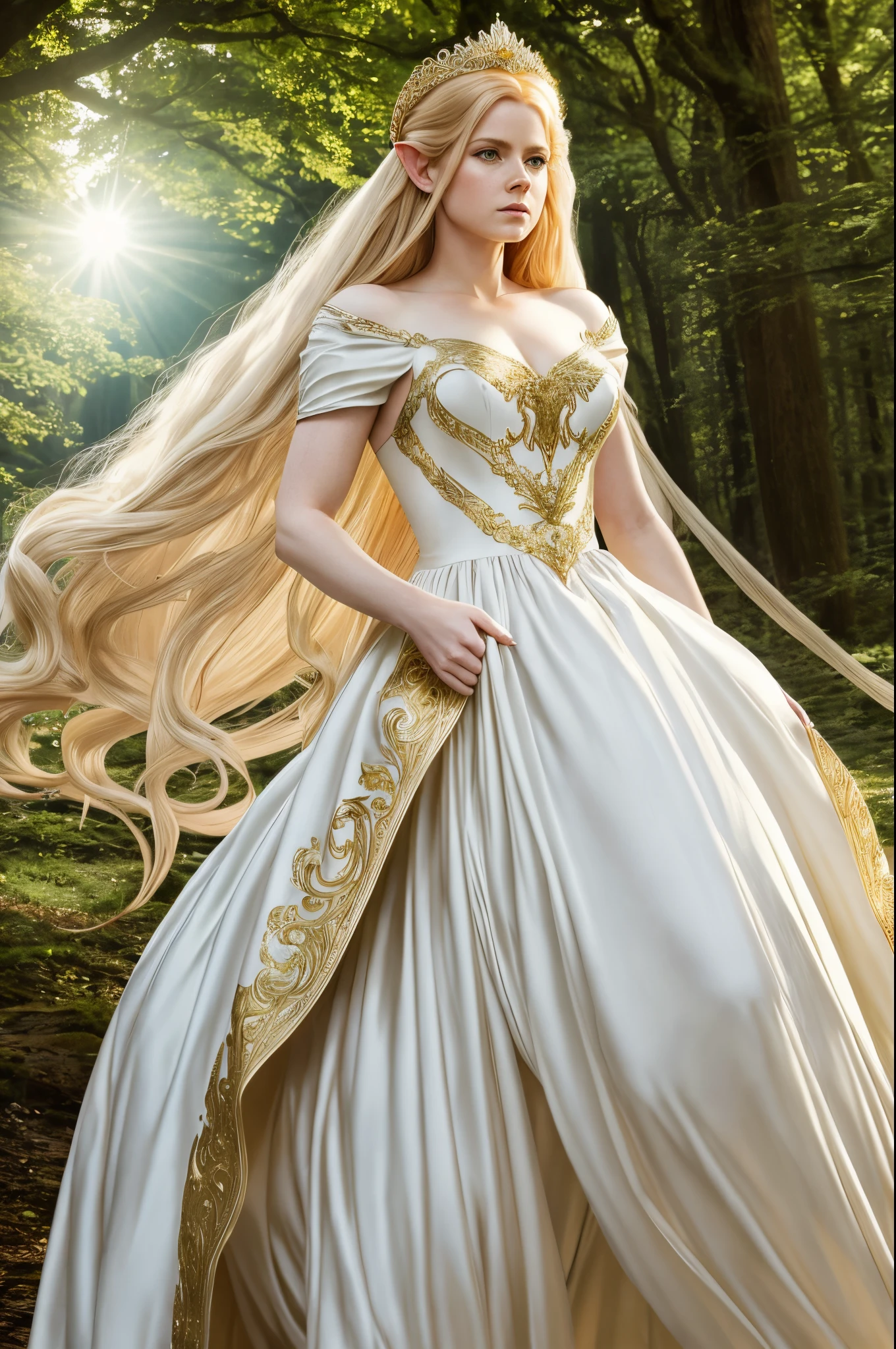AMY ADAMS, FEMALE ELVE, 20 YEARS OLD , LONG WHITE DRESS, GOLD TIARA, GOLD DETAILS, GOLD GAUNTLETS, HORSE, HUGE LONG HAIR, BLOND HAIR, PALE SKIN, DETAILED ELVE EARS, MITHOLOGY, SUN, RIVER,FORREST, ROMANTISM, MAGIC, POWERS, HIGH DETAILED IMAGE, MASTER PIECE OF ART