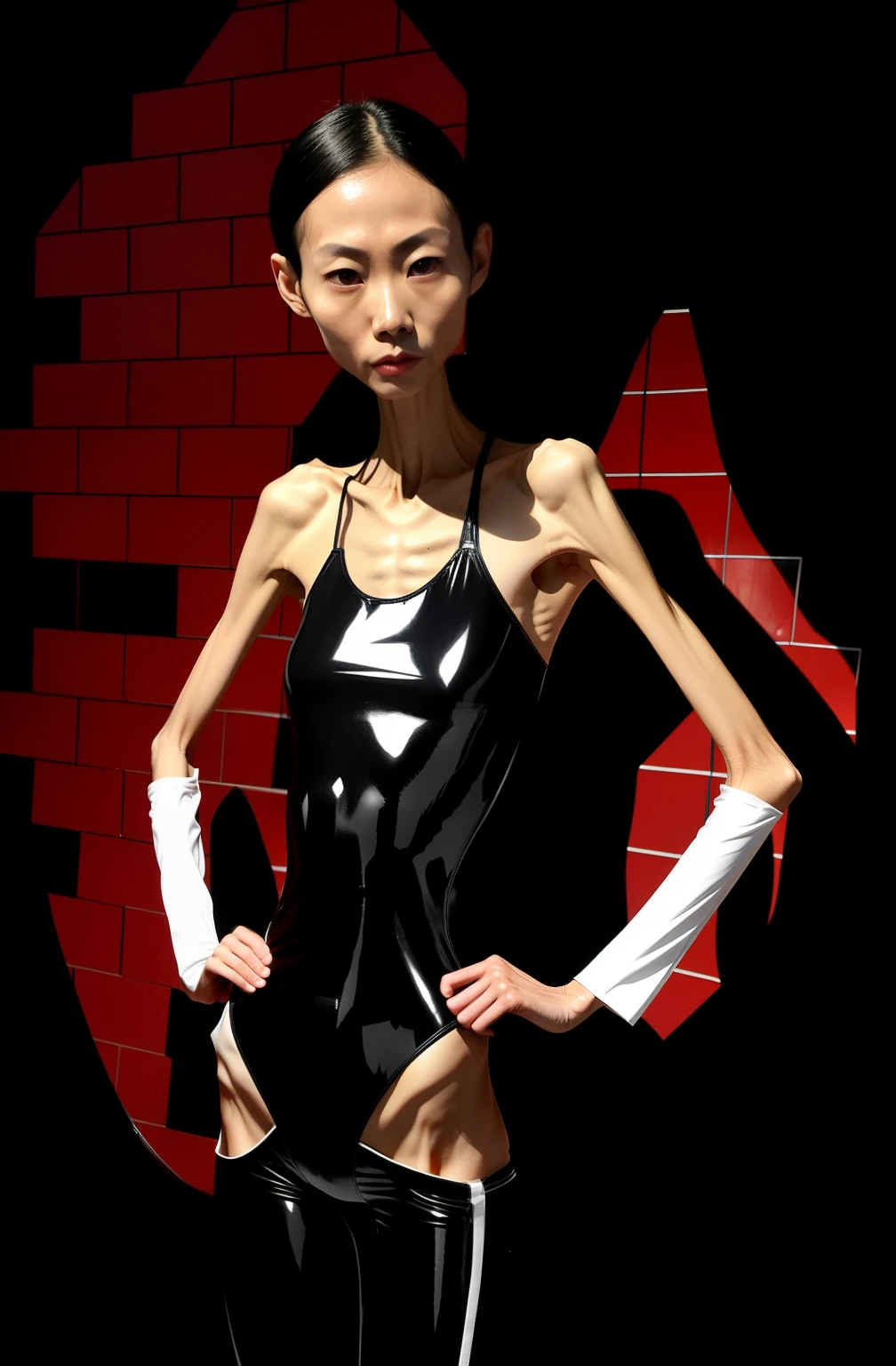 very thin adult male，A thin body，Protruding sternum，The waist is very thin，The ribs are noticeable，Protruding ribs，The pelvic protrusion is very obvious，Pelvic width，Legs are just skin and bones，thin shoulde，The waist is very thin，Sunken abdomen，Delicate arms，arm muscle atrophy，leg muscle atrophy，hunger，sunken lower abdomen，Wear a tight-fitting one-piece latex suit，Asia face，The waist is particularly thin，angry look，Excessive weight loss，The face is sunken and thin，Severe malnutrition，hunger，Weak，anorexia，Incompetent men