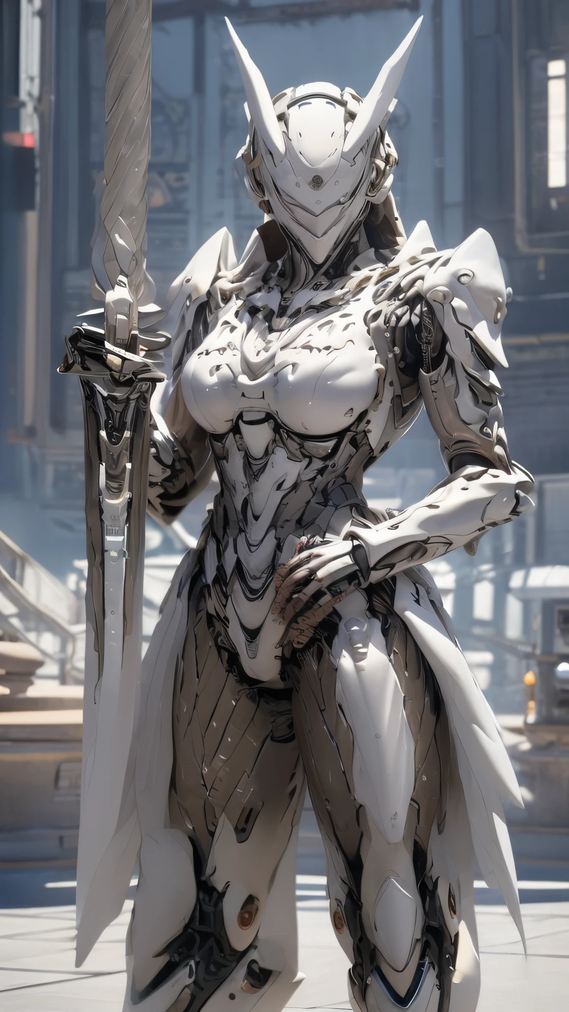 (((Full Body Shot)))、(((Full Body Shot)))、(((Full Body Shot)))、top-quality、masterpiece、A high resolution、(Photorealsitic:1.4)、RAW photo、Battle Cyborg Angel、large wings made of metal、White porcelain body、Acrylic Clear Cover、white hair、glowy skin、1 Cyborg Girl、Beautiful girl、 ((super realistic details))、globalillumination、Shadow、octan render、8K、ultrasharp、character edge light,Colossal tits、RAW skin is exposed in cleavage、Details of complex ornaments、Gothloli details、Hydraulic cylinder、 ((Big LED lamp))、highly intricate detail、Realistic light、a purple eye、radiant eyes、(neon details)、Futuristic Angle headgear、About Cyberpunk.
