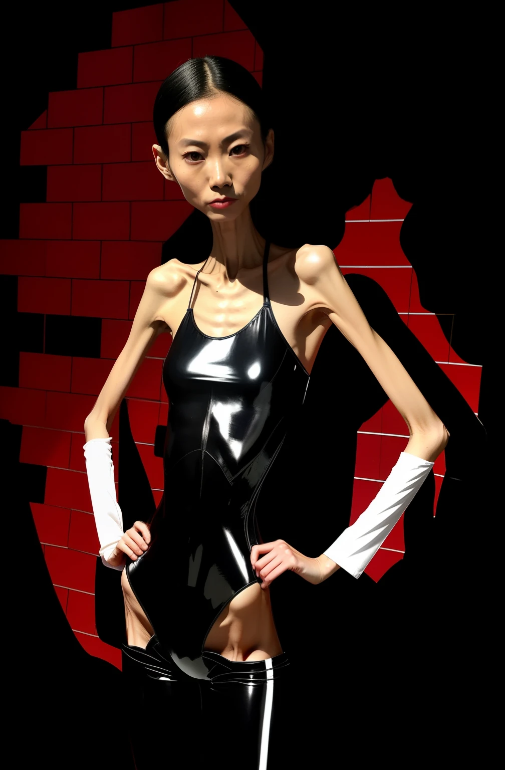 very thin woman，A thin body，Protruding sternum，The waist is very thin，The ribs are noticeable，Protruding ribs，The pelvic protrusion is very obvious，Pelvic width，Legs are just skin and bones，thin shoulde，The waist is very thin，Sunken abdomen，Delicate arms，arm muscle atrophy，leg muscle atrophy，hunger，The lower abdomen is depressed，Wear a tight-fitting one-piece latex suit，Asia face，The waist is particularly thin，angry look，Excessive weight loss，The face is sunken and thin，Severe malnutrition，hunger，Weak，anorexia