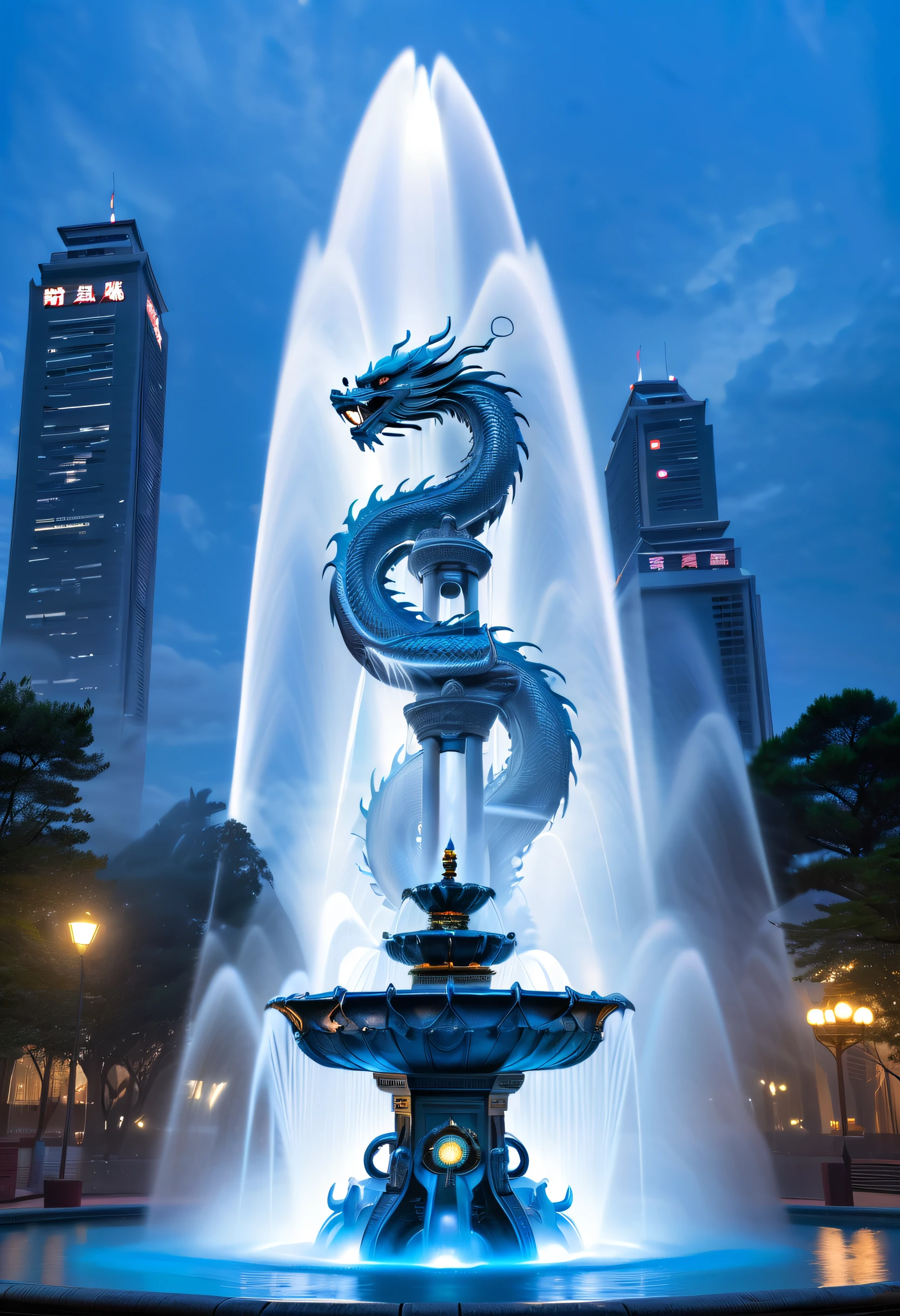 Spectacular futuristic sci-fi fountain。Fountain erupts from steam engine,sparkling silver water column.There is a Chinese dragon flying in this water column,Silver dragon spits water,and emits a slight blue light,Make the entire fountain look mysterious and high-tech。 The shape of the water column in the fountain is also very futuristic.