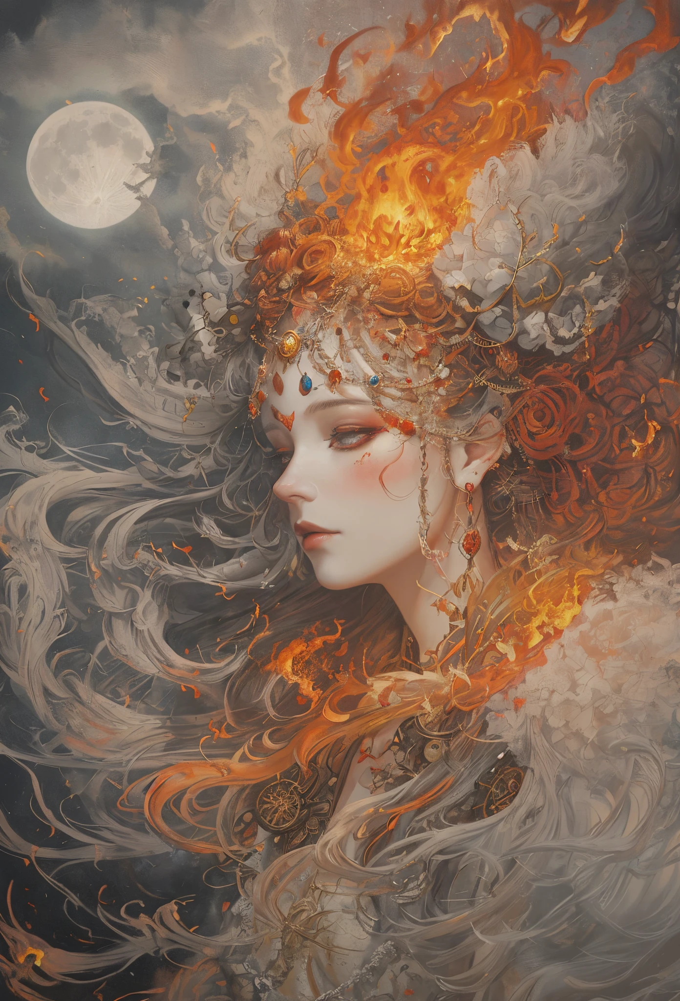 Painting of woman with fire head and full moon, surrounded by flames, Swallowed by the swirling flames, beautiful fantasy art portrait, Carol Buck-Ude, A beautiful artistic illustration, hair made of fire, beautiful fantasy portrait, Inspired by Carol Barker, fantasy art portrait, Beautiful digital artwork, karol bak and peter mohrbacher