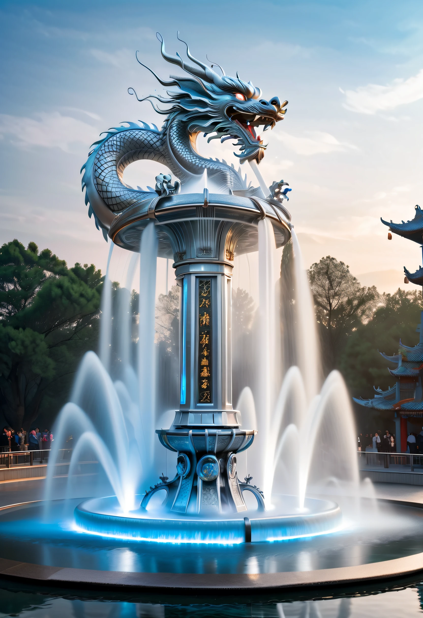 Spectacular futuristic sci-fi fountain。Fountain erupts from steam engine，Sparkling silvery water column.There is a Chinese dragon flying in this water column，and emits a slight blue light，Make the entire fountain look mysterious and high-tech。 The shape of the water column in the fountain is also very futuristic...，Dragon&#39;s mouth spits water
