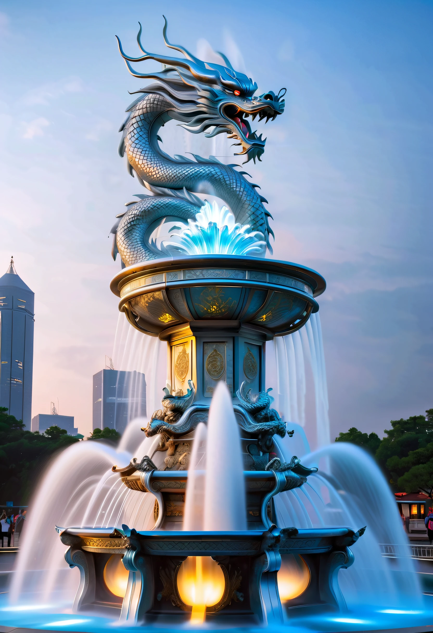 Spectacular futuristic sci-fi fountain。Fountain erupts from steam engine，Sparkling silvery water column.There is a Chinese dragon flying in this water column，and emits a slight blue light，Make the entire fountain look mysterious and high-tech。 The shape of the water column in the fountain is also very futuristic...，Dragon&#39;s mouth spits water