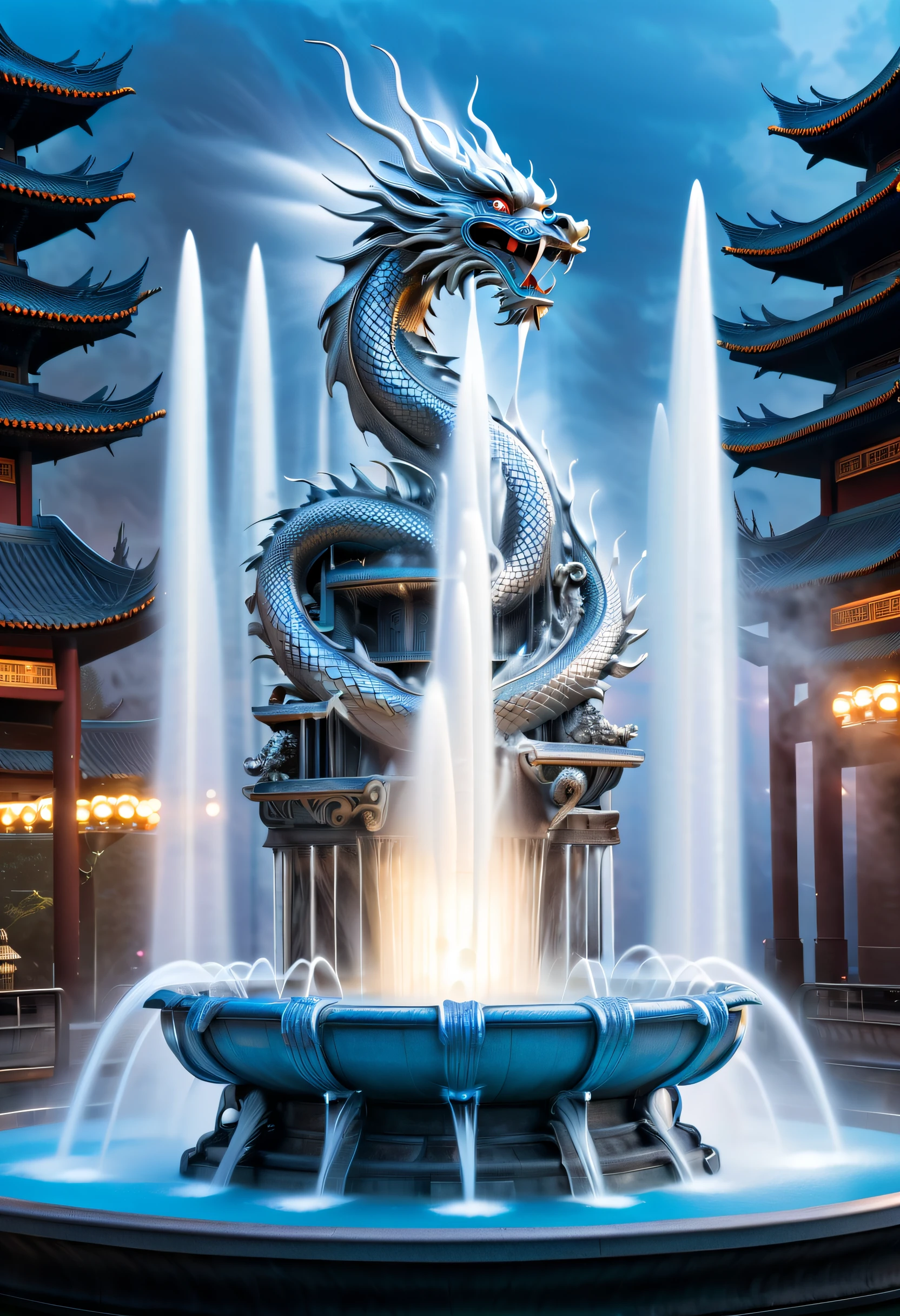 Spectacular futuristic sci-fi fountain。Fountain erupts from steam engine,sparkling silver water column.There is a Chinese dragon flying in this water column,Silver dragon spits water,and emits a slight blue light,Make the entire fountain look mysterious and high-tech。 The shape of the water column in the fountain is also very futuristic.