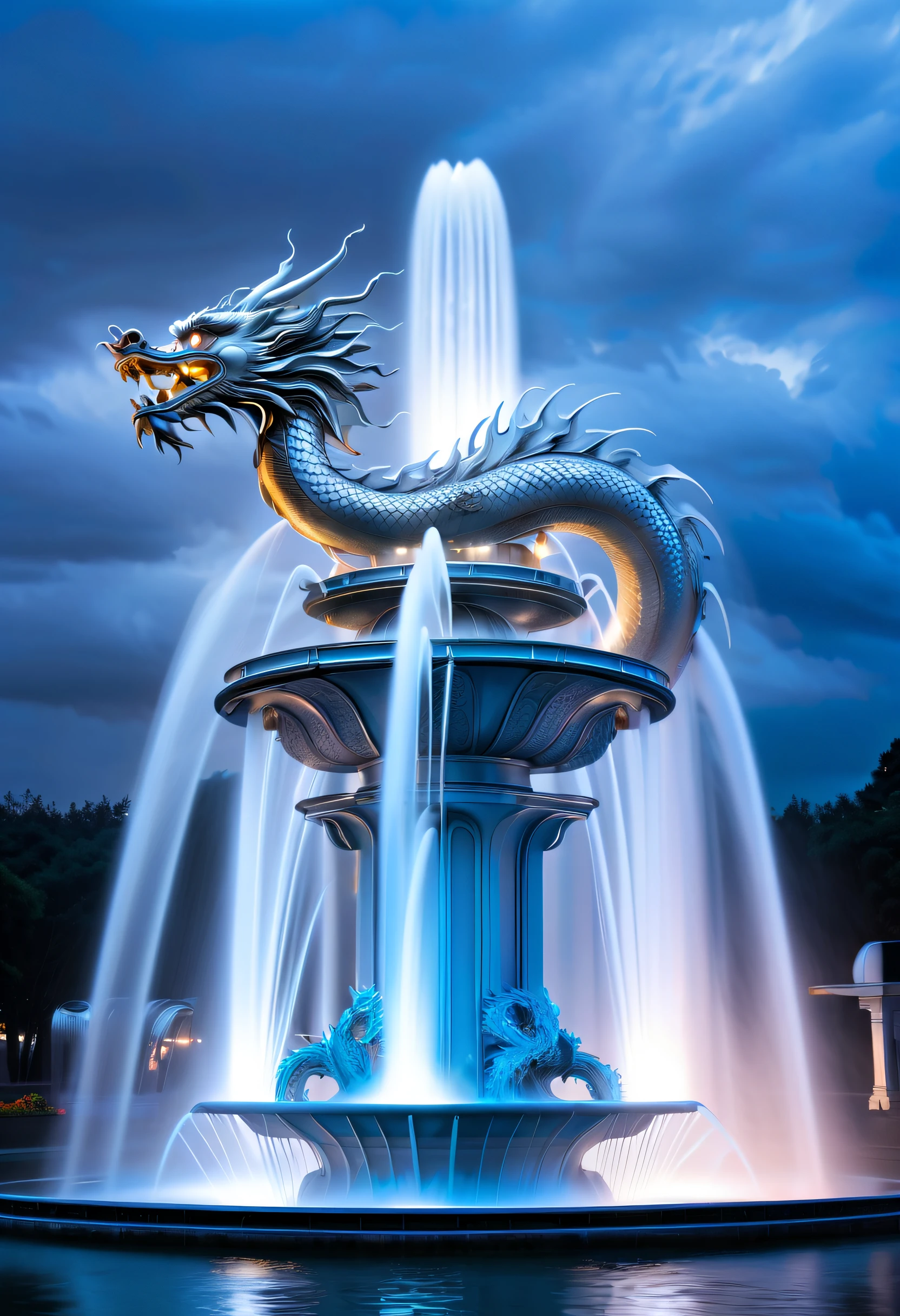 Spectacular futuristic sci-fi fountain。Fountain erupts from steam engine,Shining with a silver-white light.There is a Chinese dragon flying in this water column,and emits a slight blue light,Make the entire fountain look mysterious and high-tech。 The shape of the water column in the fountain is also very futuristic....,Silver dragon spits water