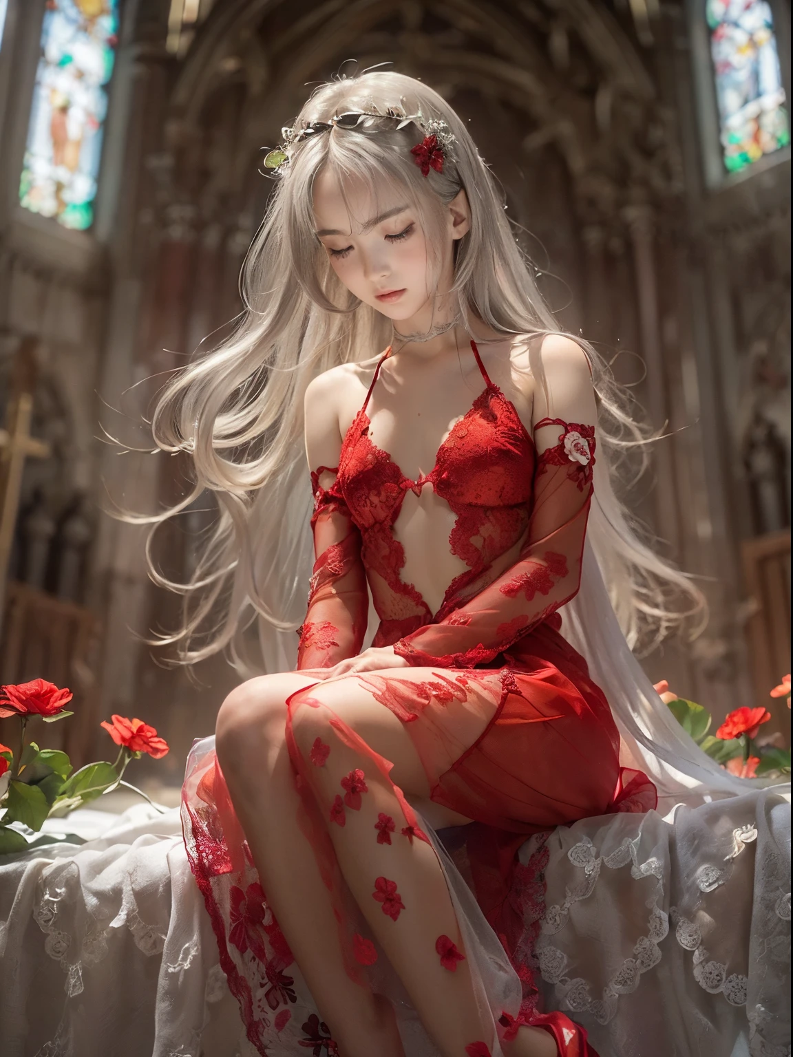(top-quality), Realistic, (real picture, Intricate details, depth of field), highly-detailed, ((wearing red see-through dress on naked, halter neck, lace)), (((small chest:1.3))), (parted lips, looking away), (age Japanese Girl sitting in large church), (long silver hair, one-length hairstyle, flower hair ornament:1.2), fair skin, Stained glass, hard lighting