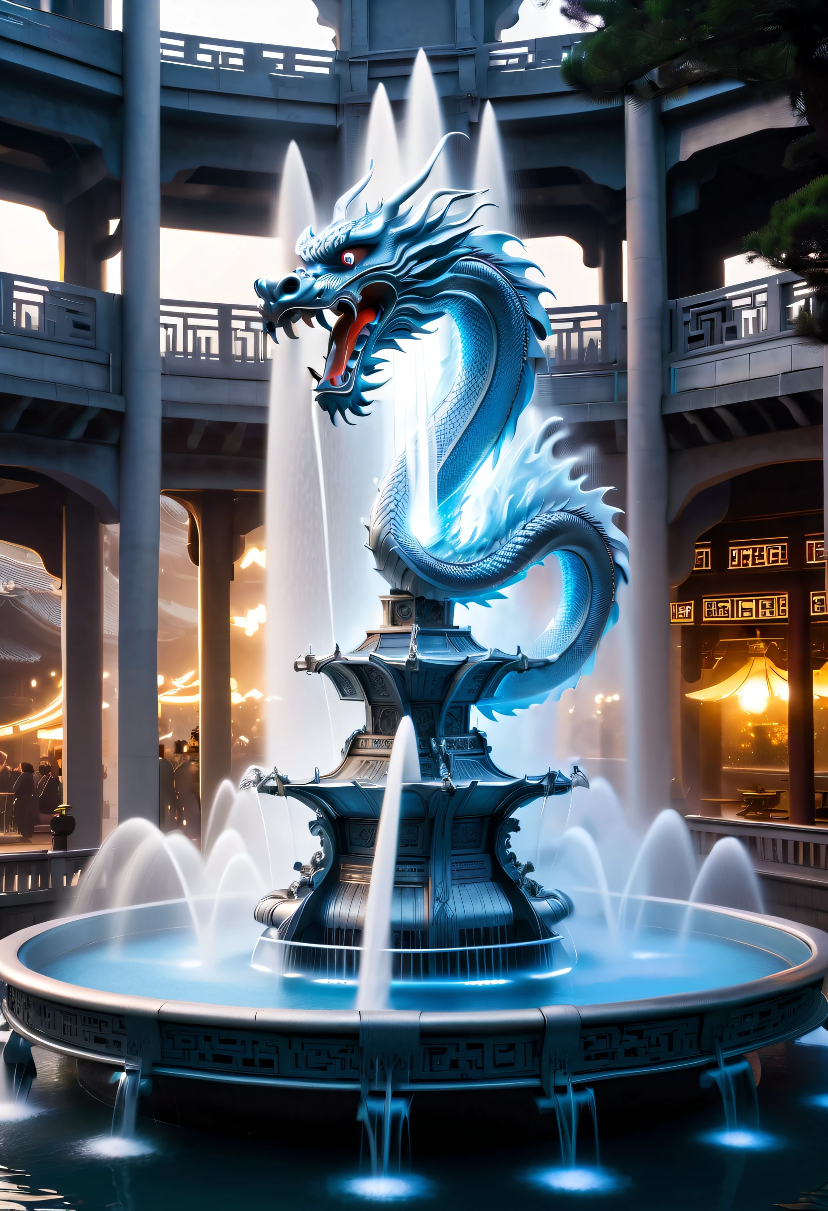 Spectacular futuristic sci-fi fountain。Fountain erupts from steam engine，Shining with a silver-white light.There is a Chinese dragon flying in this water column，and emits a slight blue light，Make the entire fountain look mysterious and high-tech。 The shape of the water column in the fountain is also very futuristic....，Silver dragon spits water