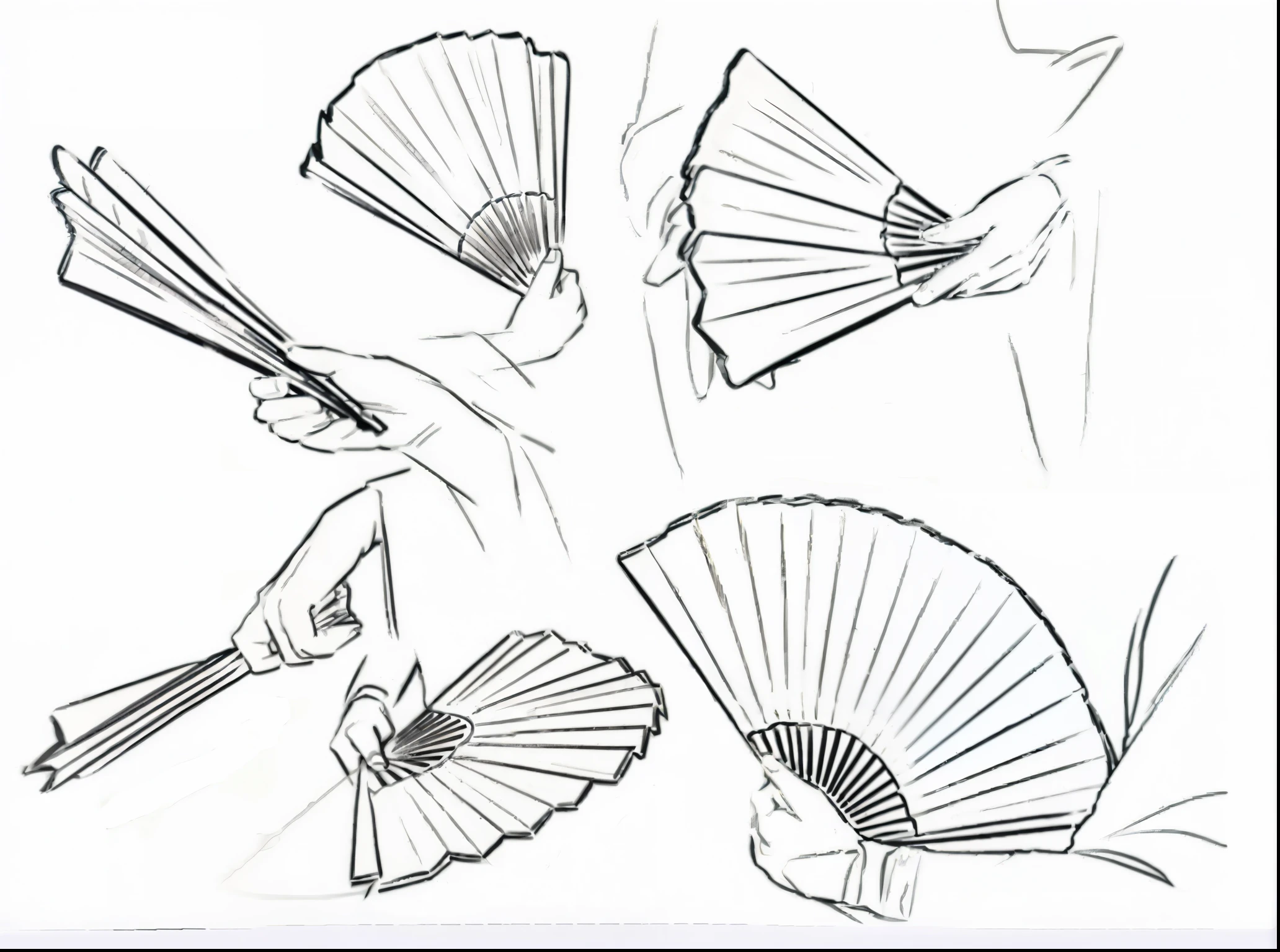 Sketch of a woman holding a fan and a bird on the fan, high quality sketch, traditional drawing style, Inspired by Fan Qi, fan hals, Elegant painting, Inspired by Zhenzu Xiangshan, Paper drawing, Inspired by Jan Kapišek, realistic line drawing, Curved blades in each hand, Chinese brush illustration