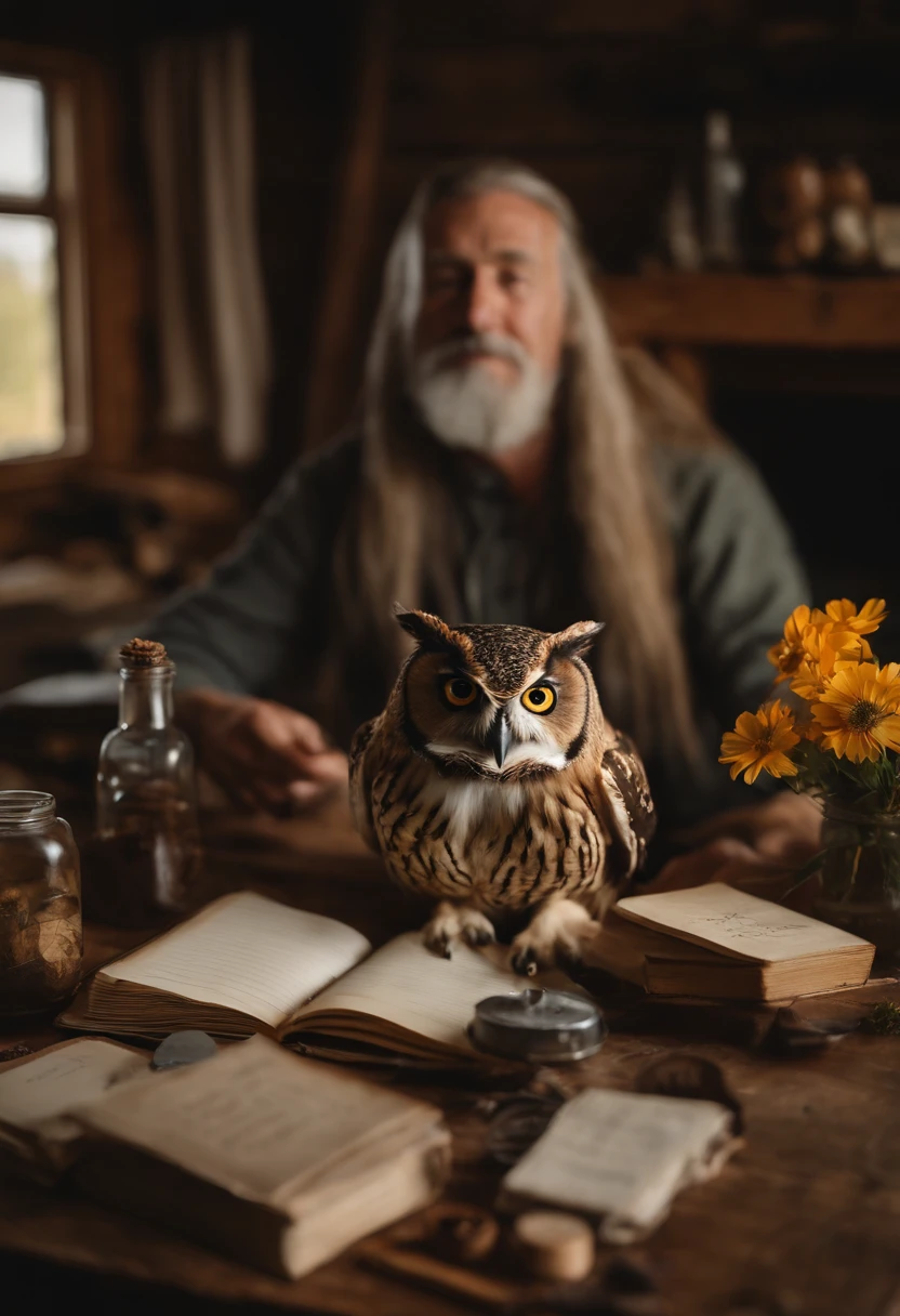 An overhead photo of Don't Know It Poet surrounded by colorful notebooks, pens, and a jar of freshly picked wildflowers, arranging a haiku poem on a wooden table.,original,a man with longer wiry hair living in a cabin by a pond in rural Vermont, surrounded by a fireplace, a typewriter, and a wooden statuette of an owl.