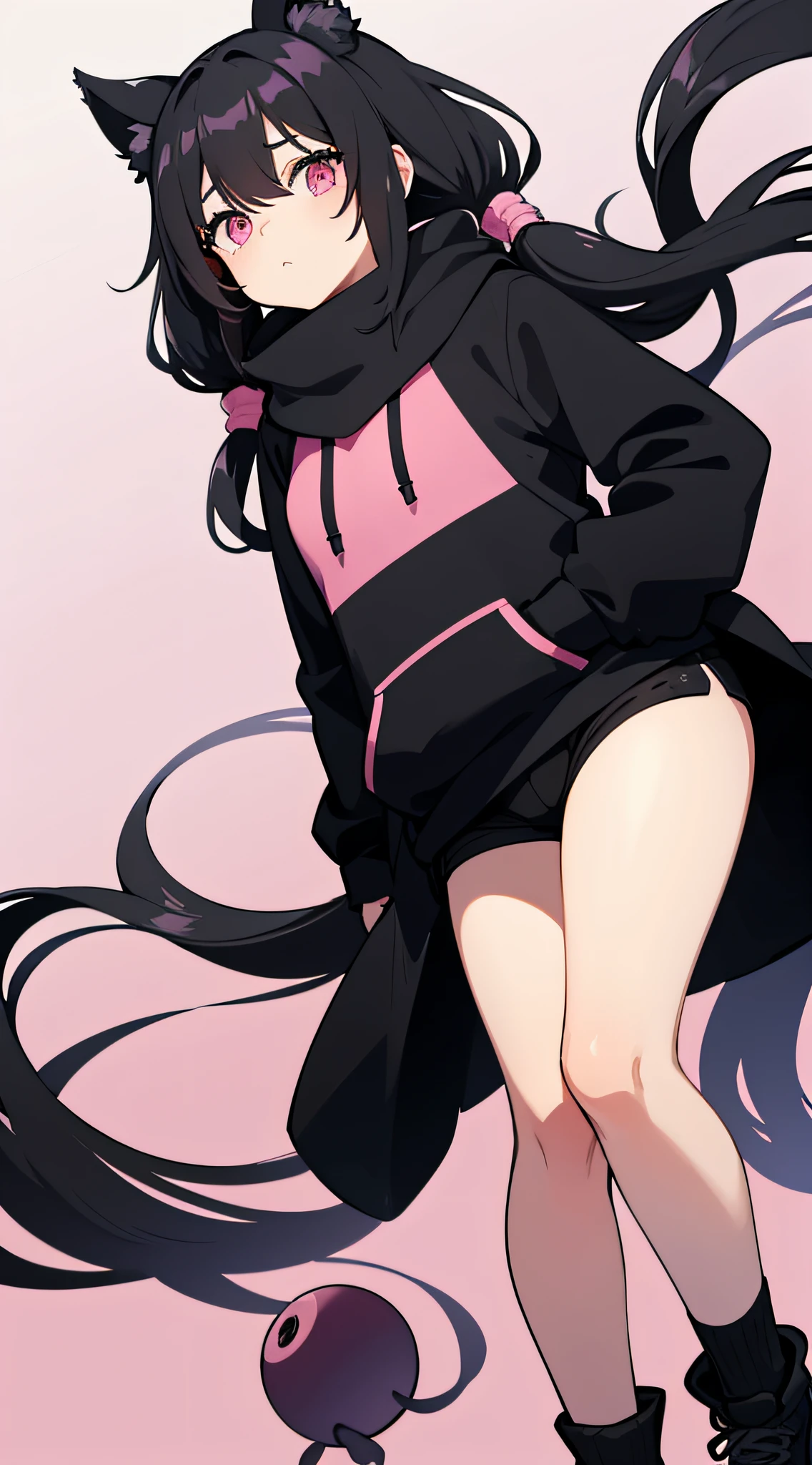 Women, ((|black] hair)), long-haired,Twintail hairstyle,Wearing a pink hoodie.,Wear black shorts.,Wear long black socks.,pink eyes,pink scarf