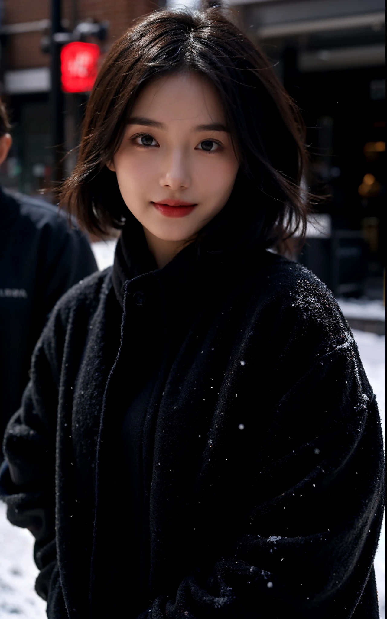 Fair skin, 1 girl，close your mouth and smile，Winters，23-year-old girl，high high quality，looking at the camera in，face to the viewer，snowy days，（Short hair details：1.5），（with a round face：1.5），The streets of London，christmas