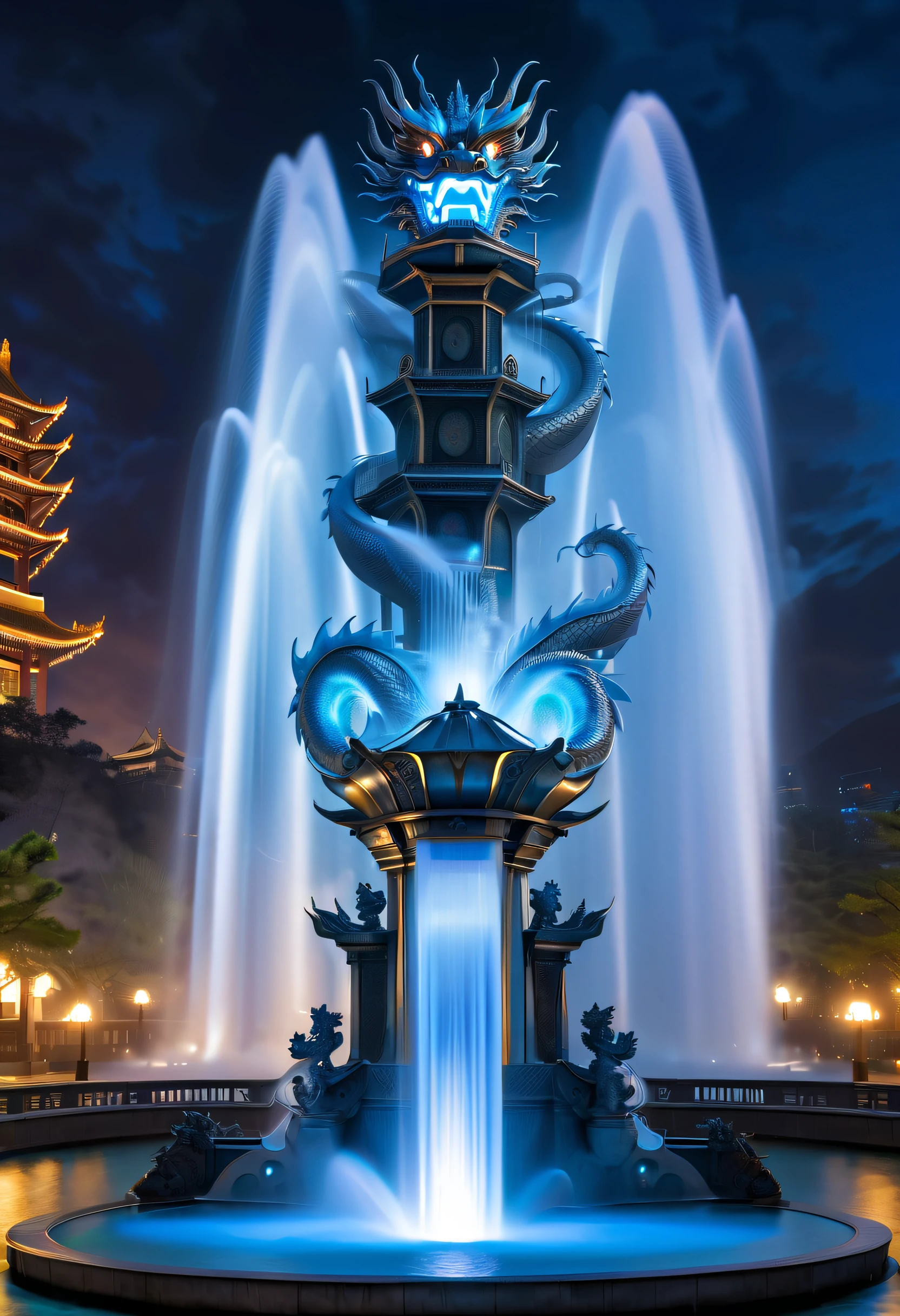 Spectacular futuristic sci-fi fountain。Fountain erupts from steam engine，Sparkling silvery water column.There is a Chinese dragon flying in this water column，and emits a slight blue light，Make the entire fountain look mysterious and high-tech。 The shape of the water column in the fountain is also very futuristic...，Dragon&#39;s mouth spits water