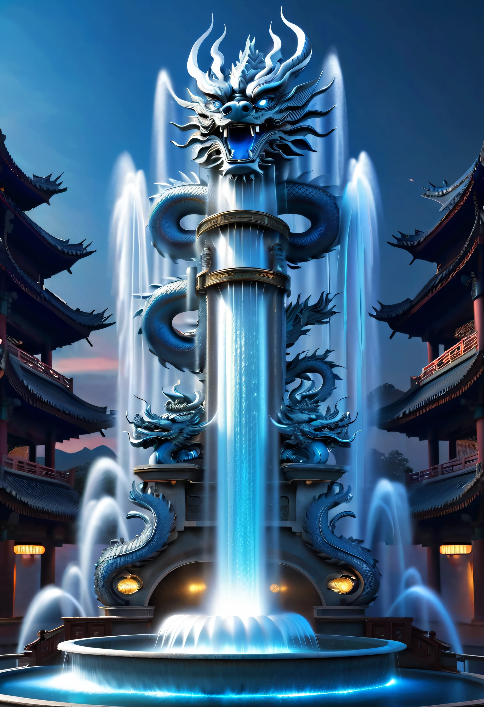 Spectacular futuristic sci-fi fountain。Fountain erupts from steam engine，Shining with a silver-white light.There is a Chinese dragon flying in this water column，and emits a slight blue light，Make the entire fountain look mysterious and high-tech。 The shape of the water column in the fountain is also very futuristic..，It is not a traditional water column，instead, It consists of a virtual energy field