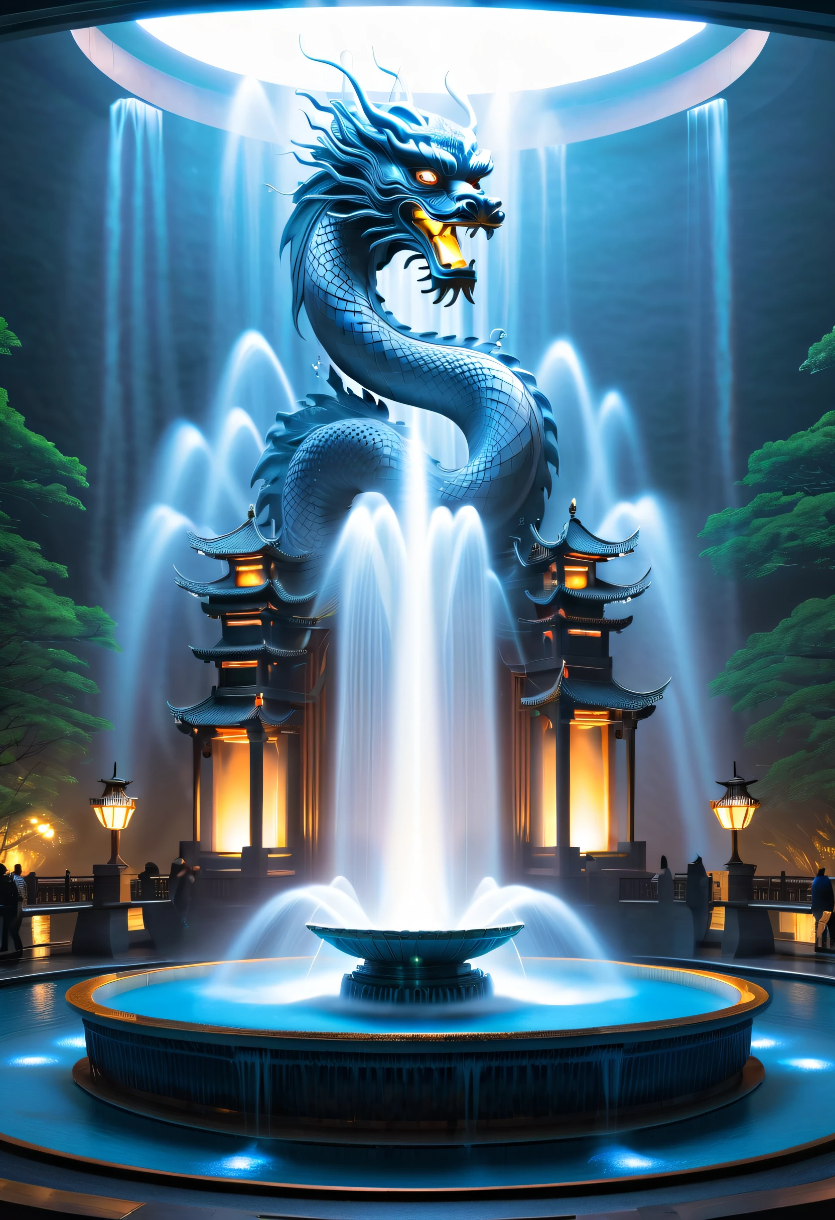 Spectacular futuristic sci-fi fountain。Fountain erupts from steam engine，Sparkling silvery water column.There is a Chinese dragon flying in this water column，and emits a slight blue light，Make the entire fountain look mysterious and high-tech。 The shape of the water column in the fountain is also very futuristic...，Dragon&#39;s mouth spits water
