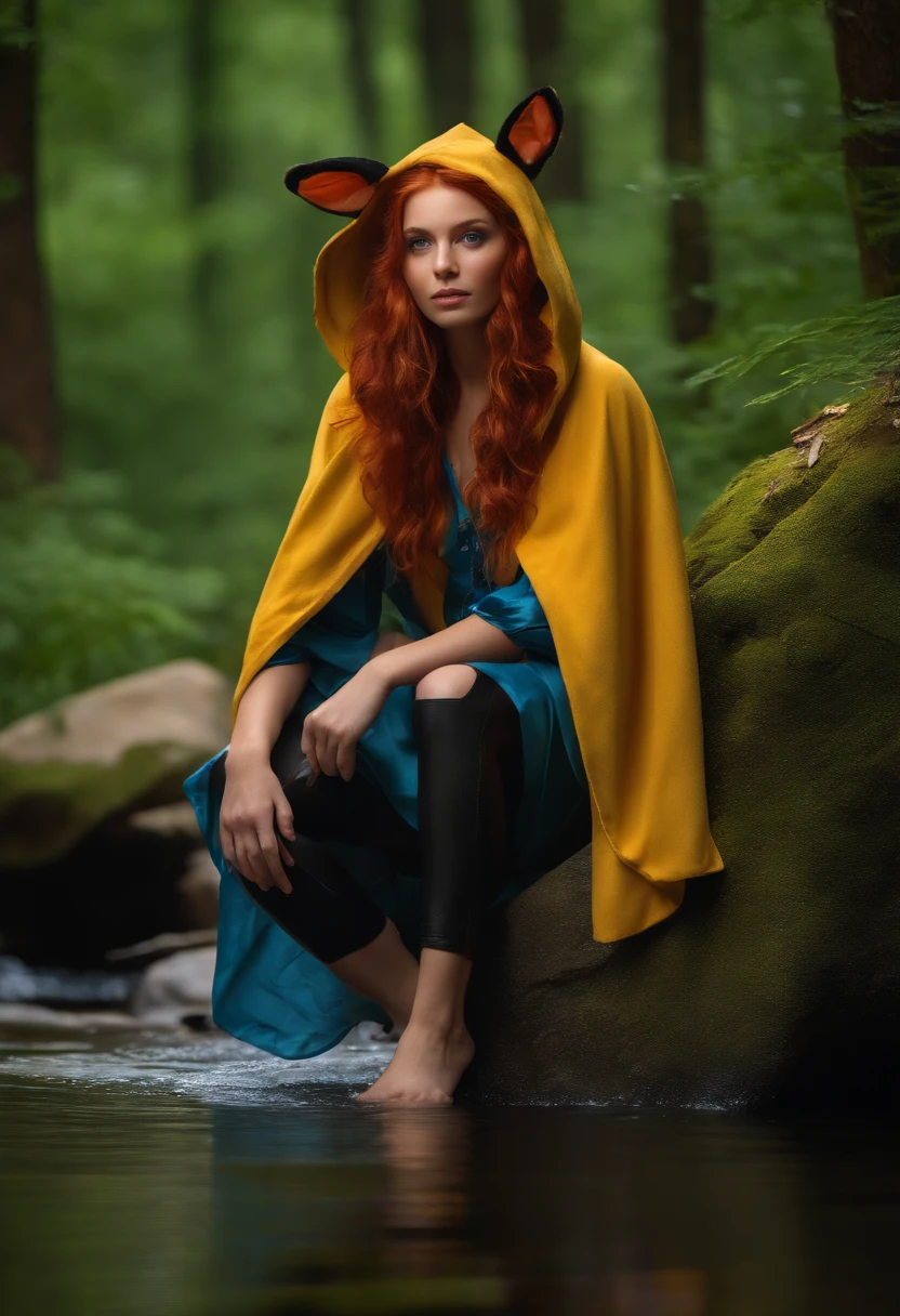 8k, best quality, (photorealistic:1.4), raw photo, 1girl, red hair, animal ears, blue hooded cape, ears sticking out, pose: sitting on a rock in a forest river, yellow eyes, -