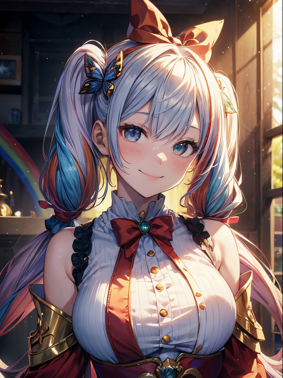 Santa Cosplay、yuki、Christmas tree、(masutepiece:1.3), (8K, Photorealistic, Raw photo, Best Quality: 1.4), Beautiful face, (Realistic face), Beautiful detailed eyes, (Realistic skin), Attractive, Intricate details,Golden ratio, 1 girl,Naughty smile, (rainbow hair:1.4),((Long twintails,Ribbon 1.4)),Santa Cosplay(Blue Butterfly Hair Ornament 1.3)Dynamic Pose,Dynamic Angle,Intricate details, Hyper realistic、A smile、Smiling、Strong face、the morning sun、Luz Divina、Deities、Heaven、rainbows