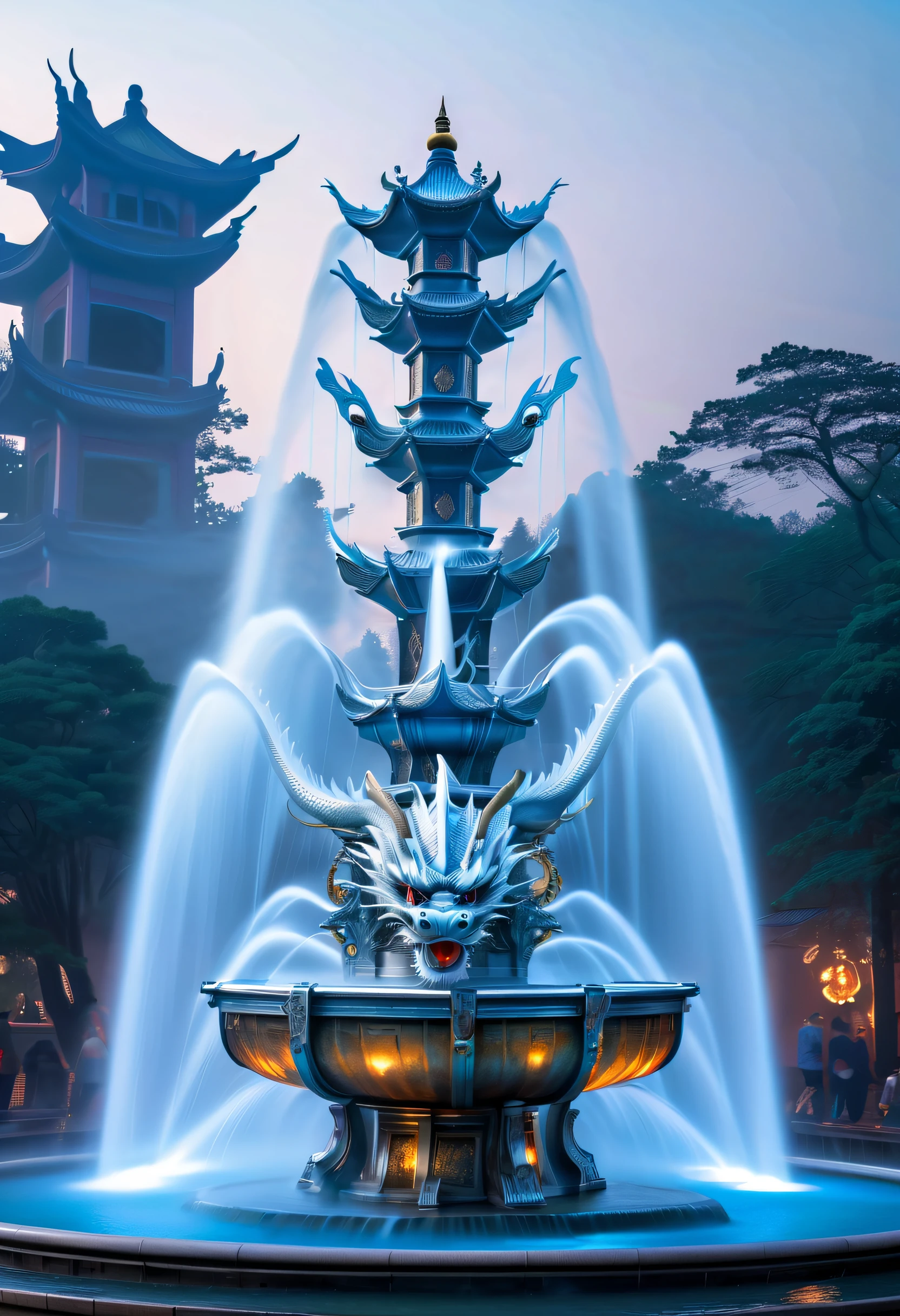 Spectacular futuristic sci-fi fountain。Fountain erupts from steam engine，Sparkling silvery water column.There is a Chinese dragon flying in this water column，and emits a slight blue light，Make the entire fountain look mysterious and high-tech。 The shape of the water column in the fountain is also very futuristic...，Dragon&#39;s mouth spits water