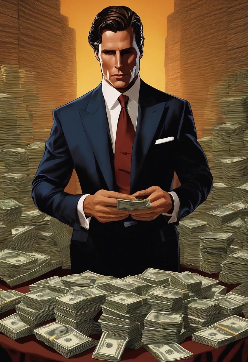 The image is of Patrick counting a large wad of cash while wearing a sinister and smug expression.,American Psycho,Patrick is a tall, tan, muscular man with slicked back brown hair, and an expensive suit. Looks like Christian Bale